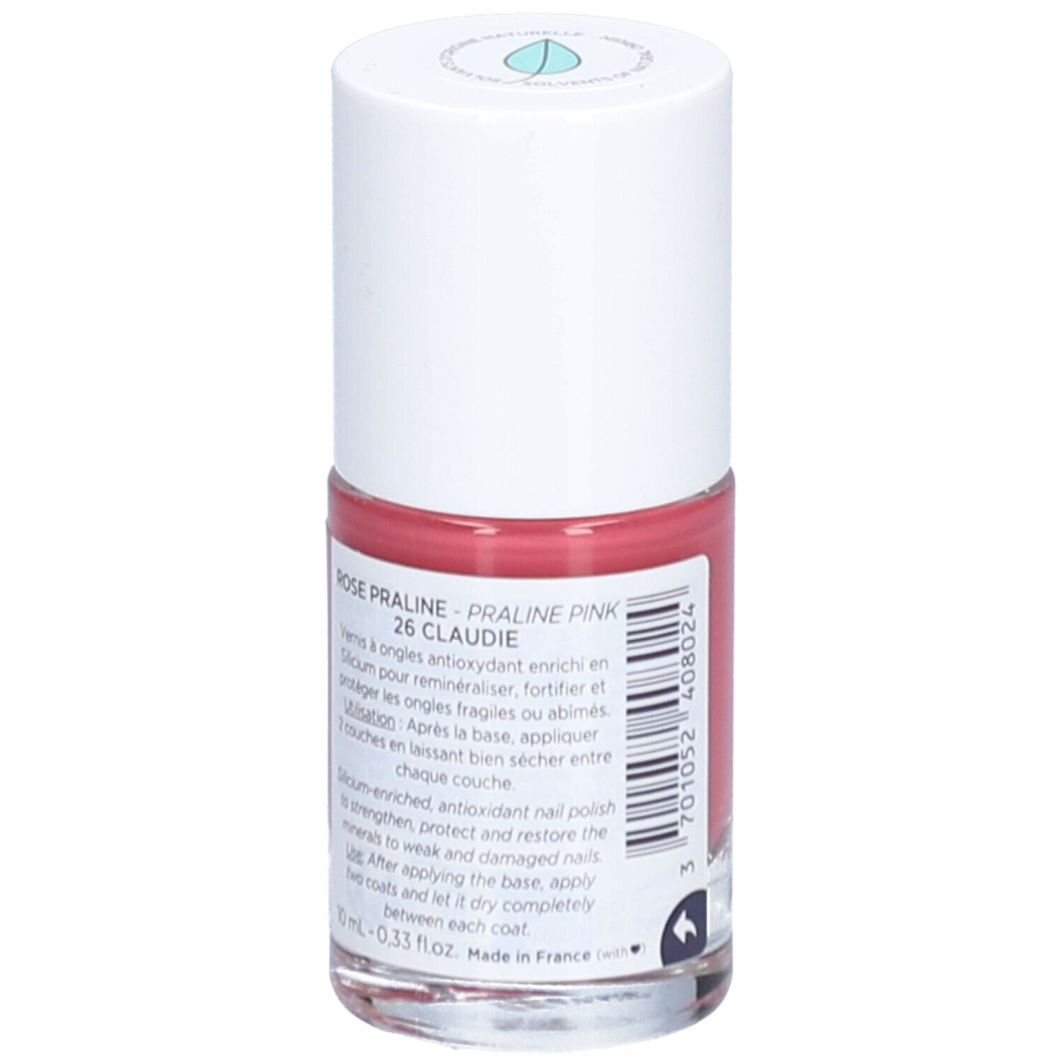 Nagellackflasche, rosa. Weißer Deckel, Etikett mit Text. Rose Praline 26 Claudie.