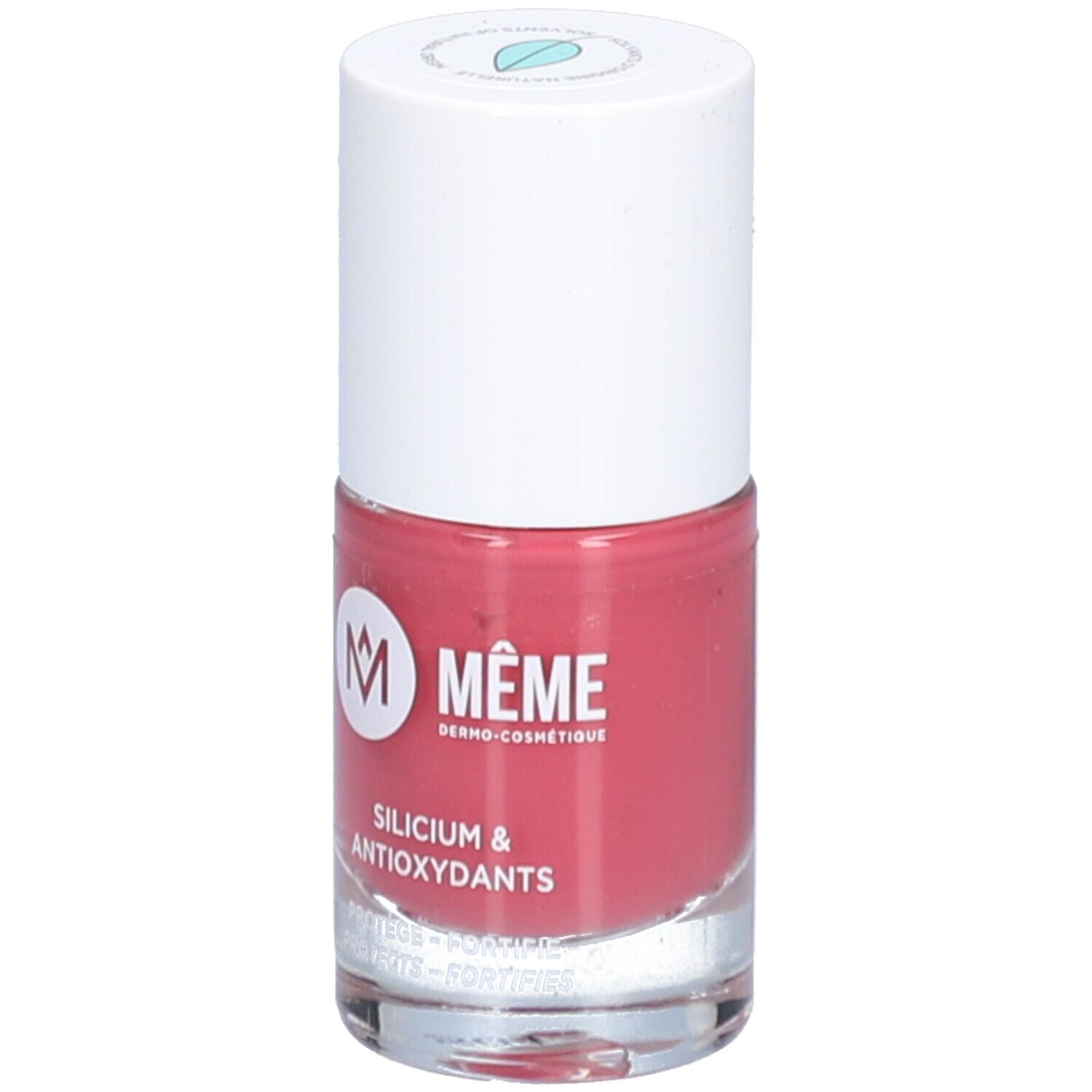 Nagellackflasche, rosa. Weißer Deckel, Logo und Schriftzug. Silicium & Antioxidantien.