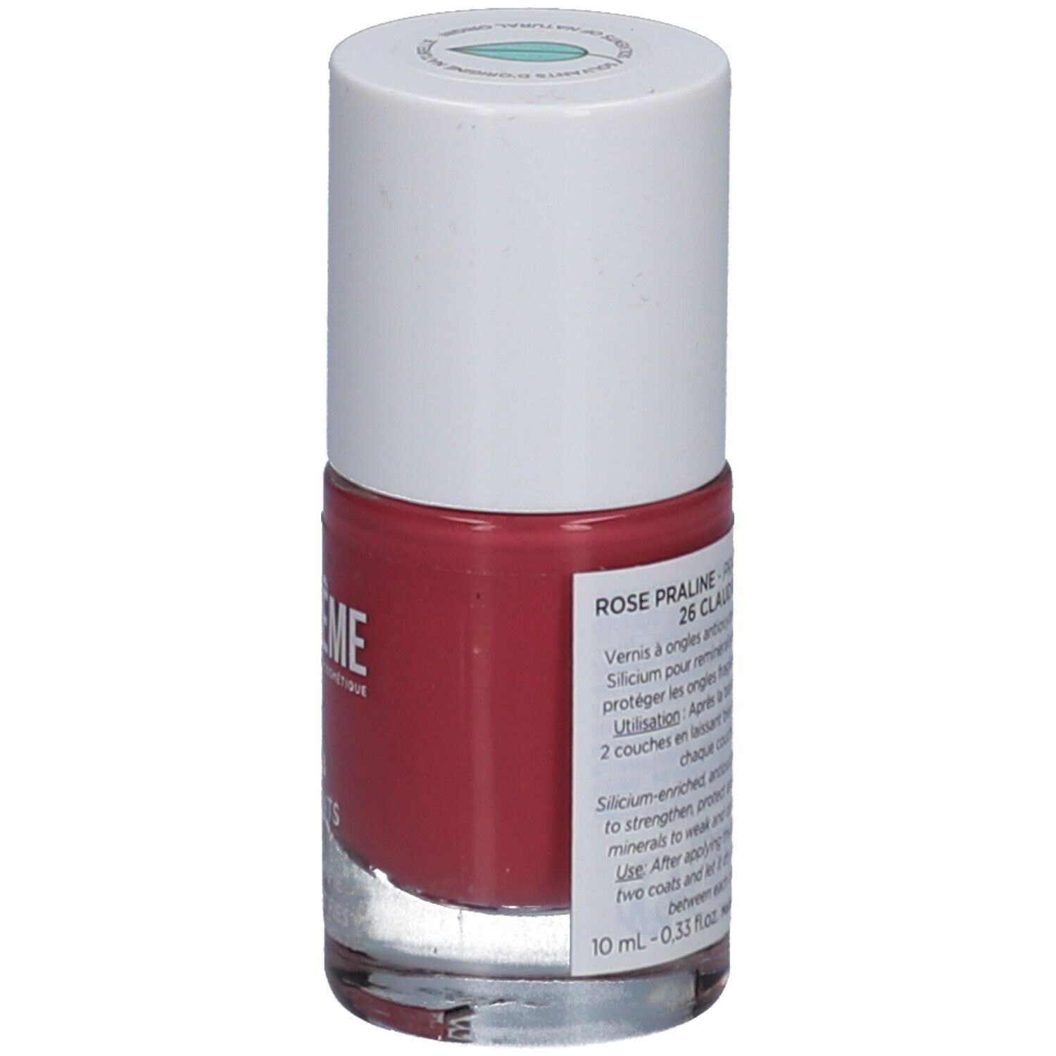 Nagellackflasche, rosa. Weißer Deckel, Etikett mit Text. Rose Praline 26 Claudie.