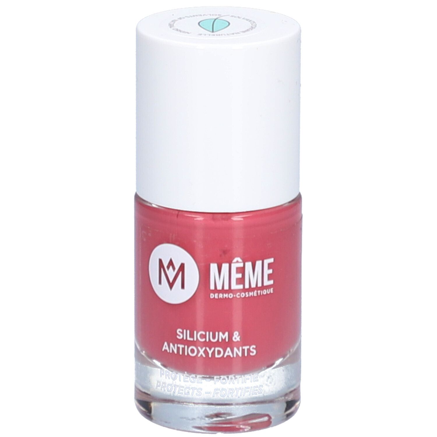 Nagellackflasche, rosa. Weißer Deckel, Logo und Schriftzug. Silicium & Antioxidantien.