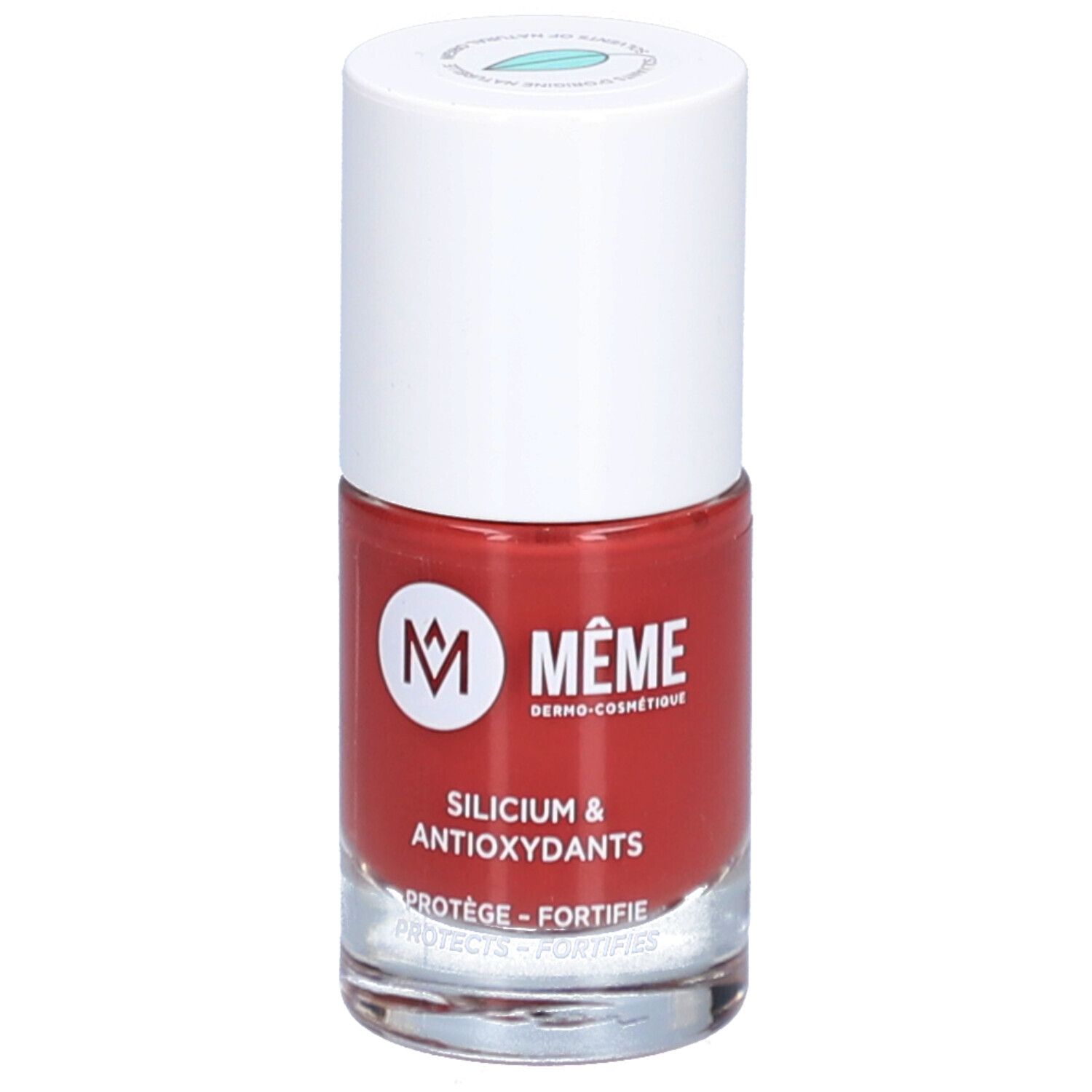 Nagellackflasche, rot. Weißer Deckel. Aufschrift: MÊME, Silicium & Antioxidantien. Schützt und stärkt.