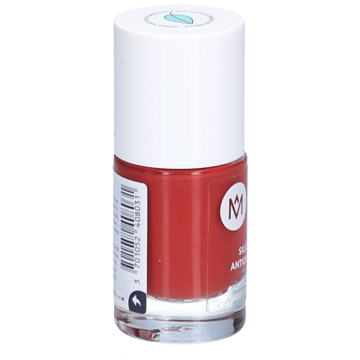 Nagellackflasche, rot. Weißer Deckel. Aufschrift: MÊME, Silicium & Antioxidantien. Schützt und stärkt. Barcode.