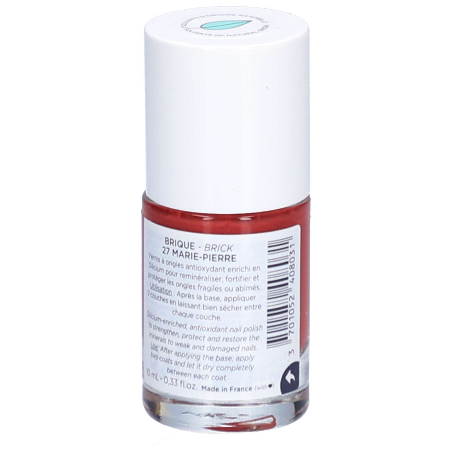 Nagellackflasche, rot. Weißer Deckel. Aufschrift: Brique 27 Marie-Pierre. Silicium & Antioxidantien. Schützt und stärkt.