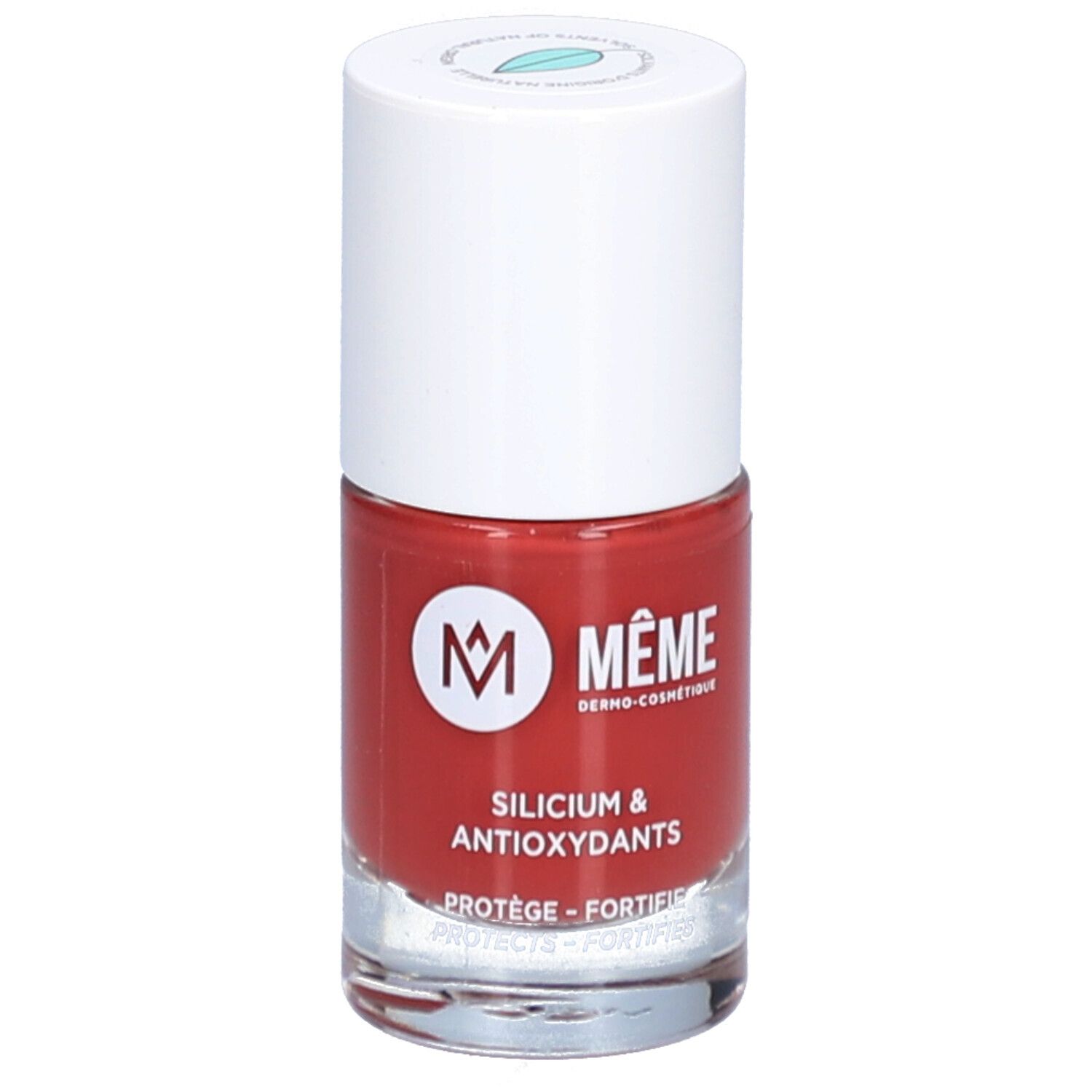 Nagellackflasche, rot. Weißer Deckel. Aufschrift: MÊME, Silicium & Antioxidantien. Schützt und stärkt.