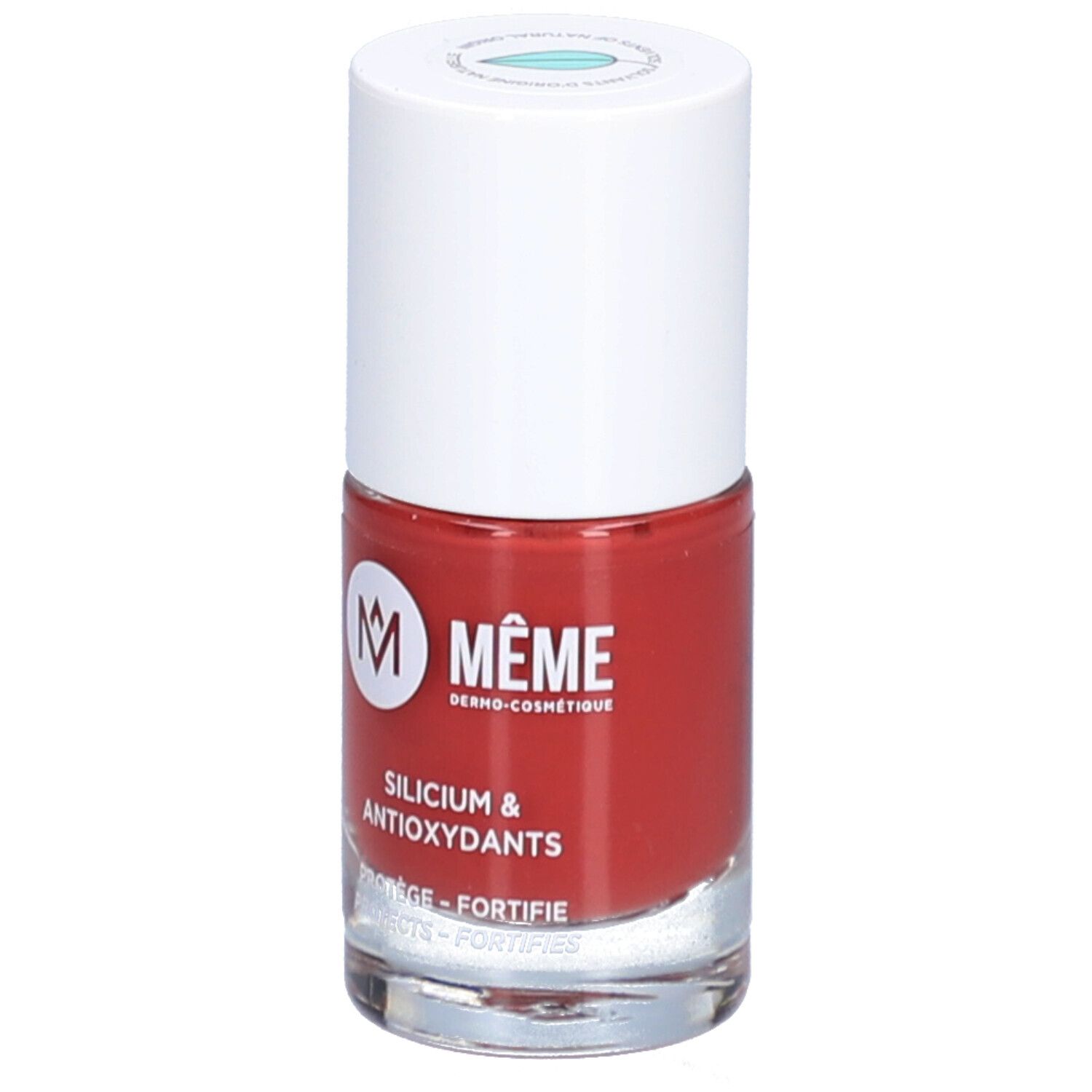 Nagellackflasche, rot. Weißer Deckel. Aufschrift: MÊME, Silicium & Antioxidantien. Schützt und stärkt.