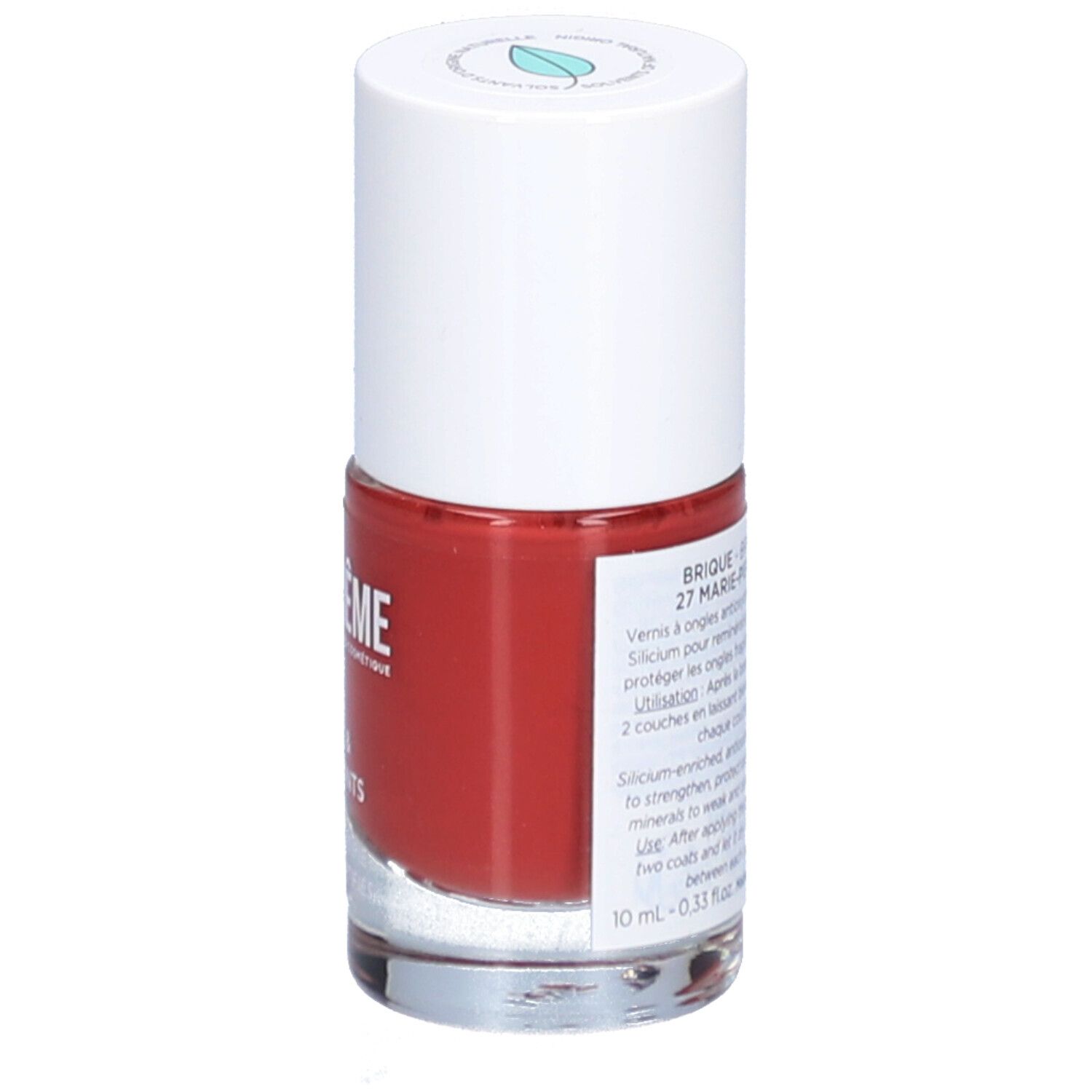 Nagellackflasche, rot. Weißer Deckel. Aufschrift: Brique 27 Marie-Pierre. Silicium & Antioxidantien. Schützt und stärkt.