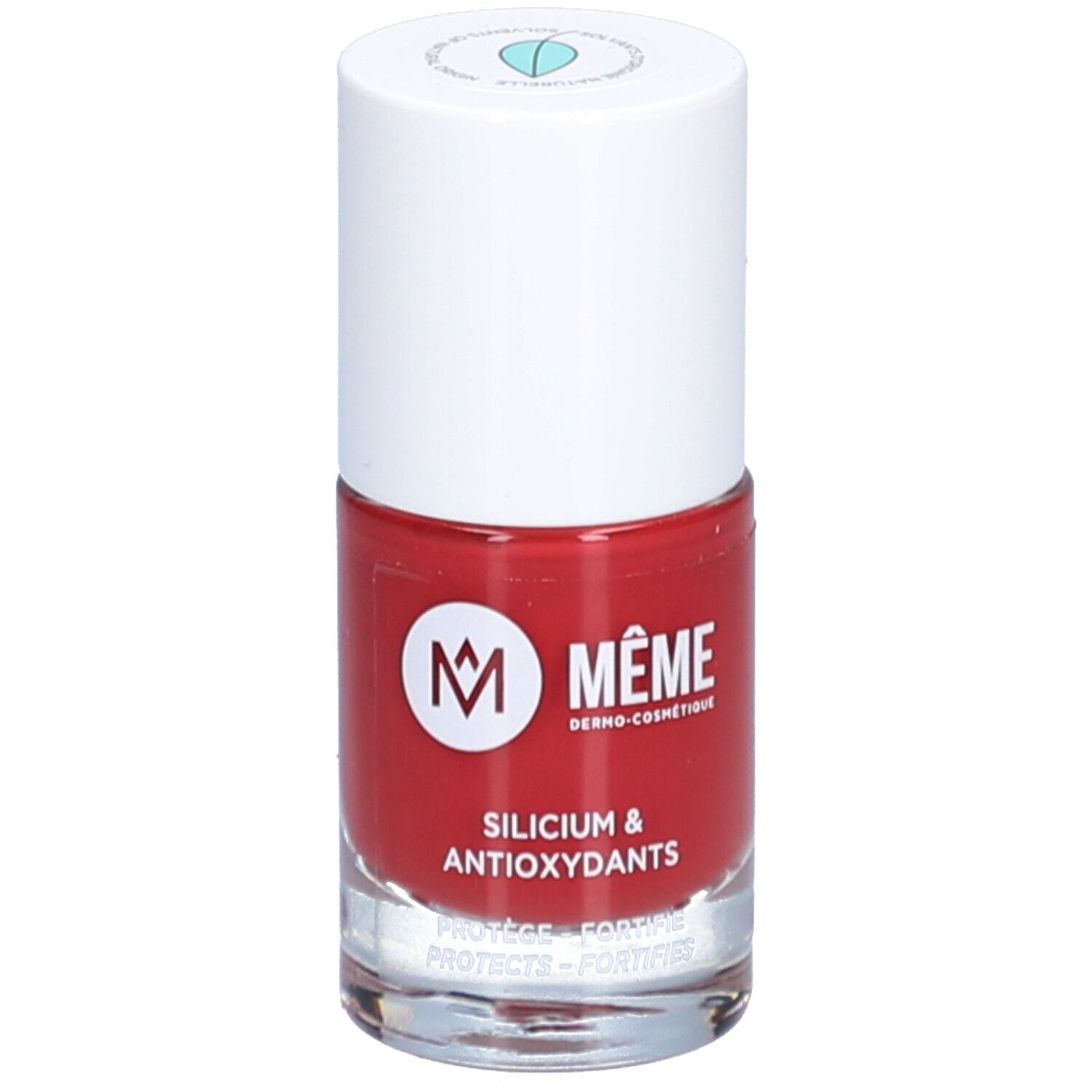 Rote Nagellackflasche mit weißem Deckel. Aufschrift: Silicium & Antioxydants. Marke: MÊME.