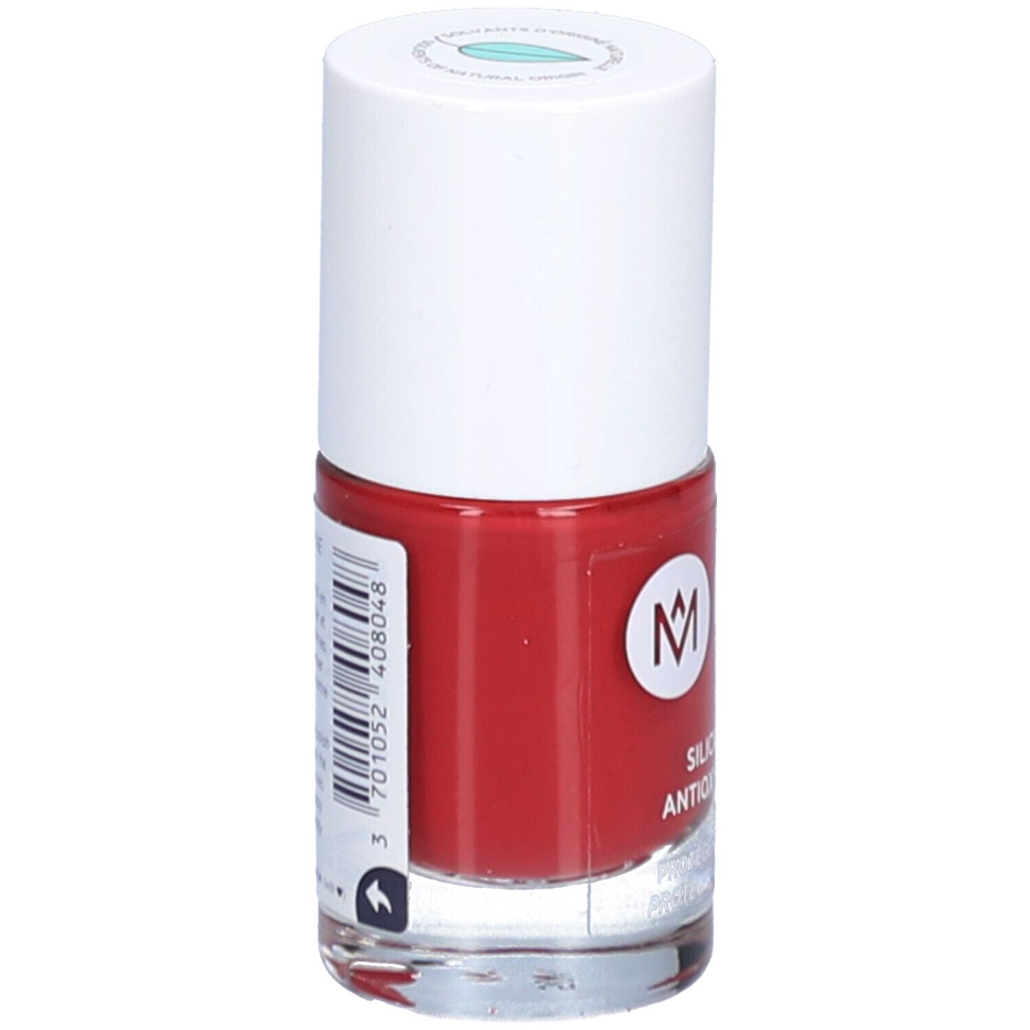Rote Nagellackflasche mit weißem Deckel. Aufschrift: Silicium & Antioxydants. Marke: MÊME.