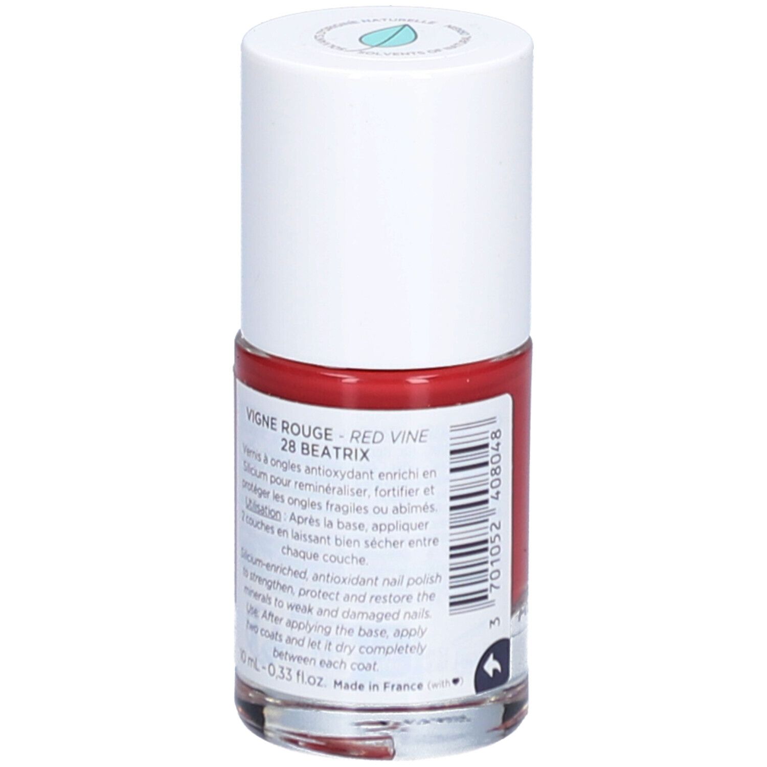 Rote Nagellackflasche mit weißem Deckel. Aufschrift: Vigne Rouge 28 Beatrix. Rückseite mit Text.