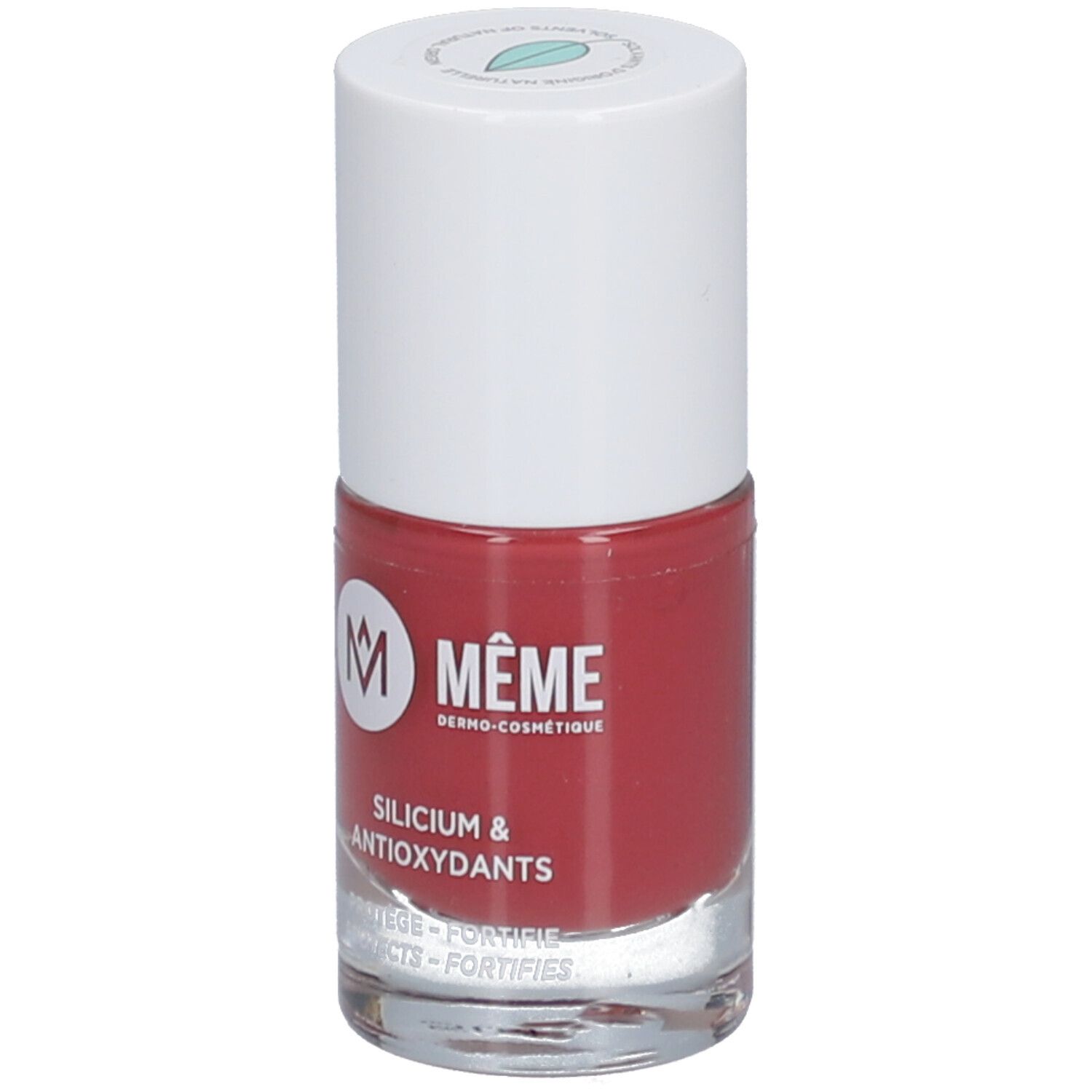 Rote Nagellackflasche mit weißem Deckel. Aufschrift: Silicium & Antioxydants. Marke: MÊME.
