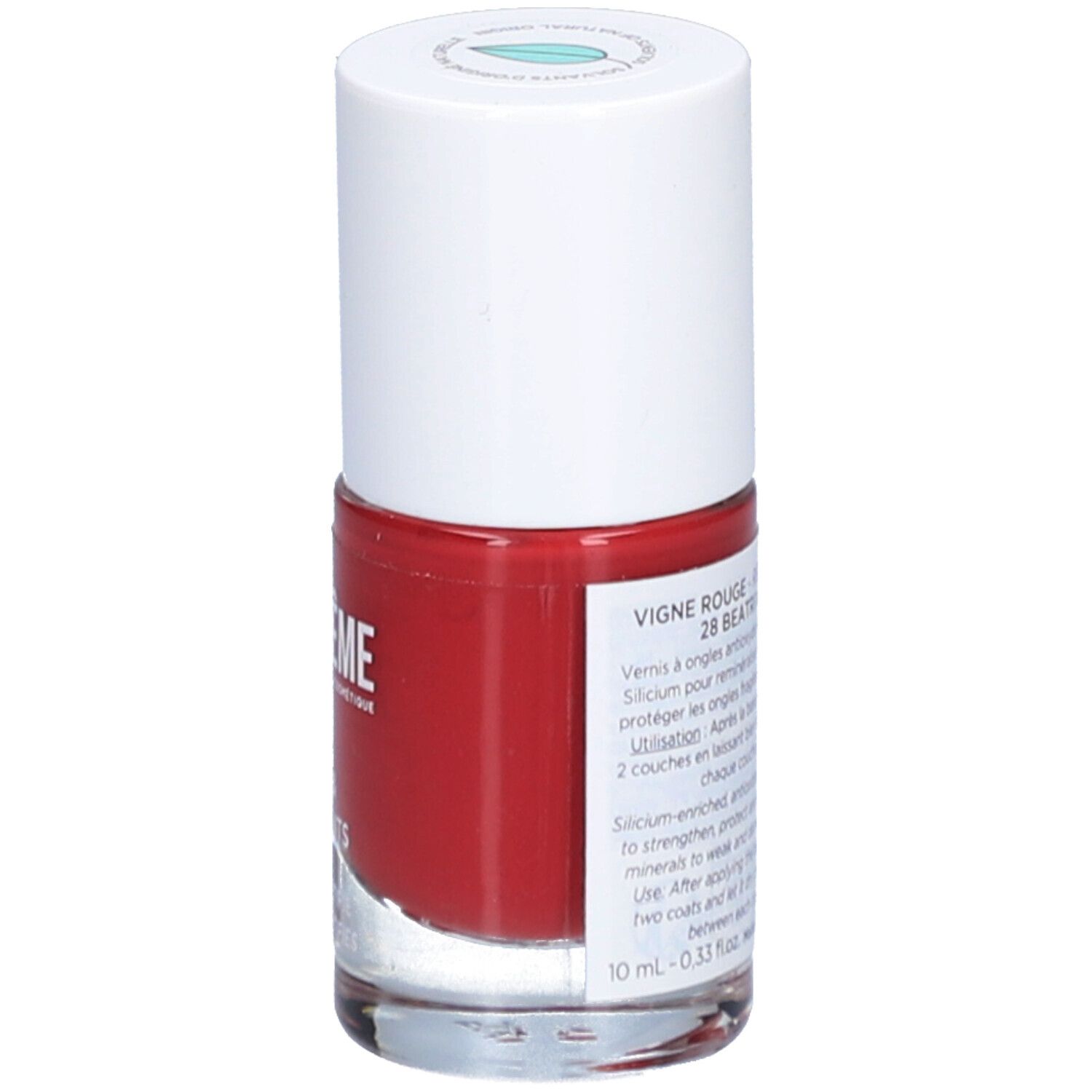 Rote Nagellackflasche mit weißem Deckel. Aufschrift: Vigne Rouge 28 Beatrix. Marke: MÊME.