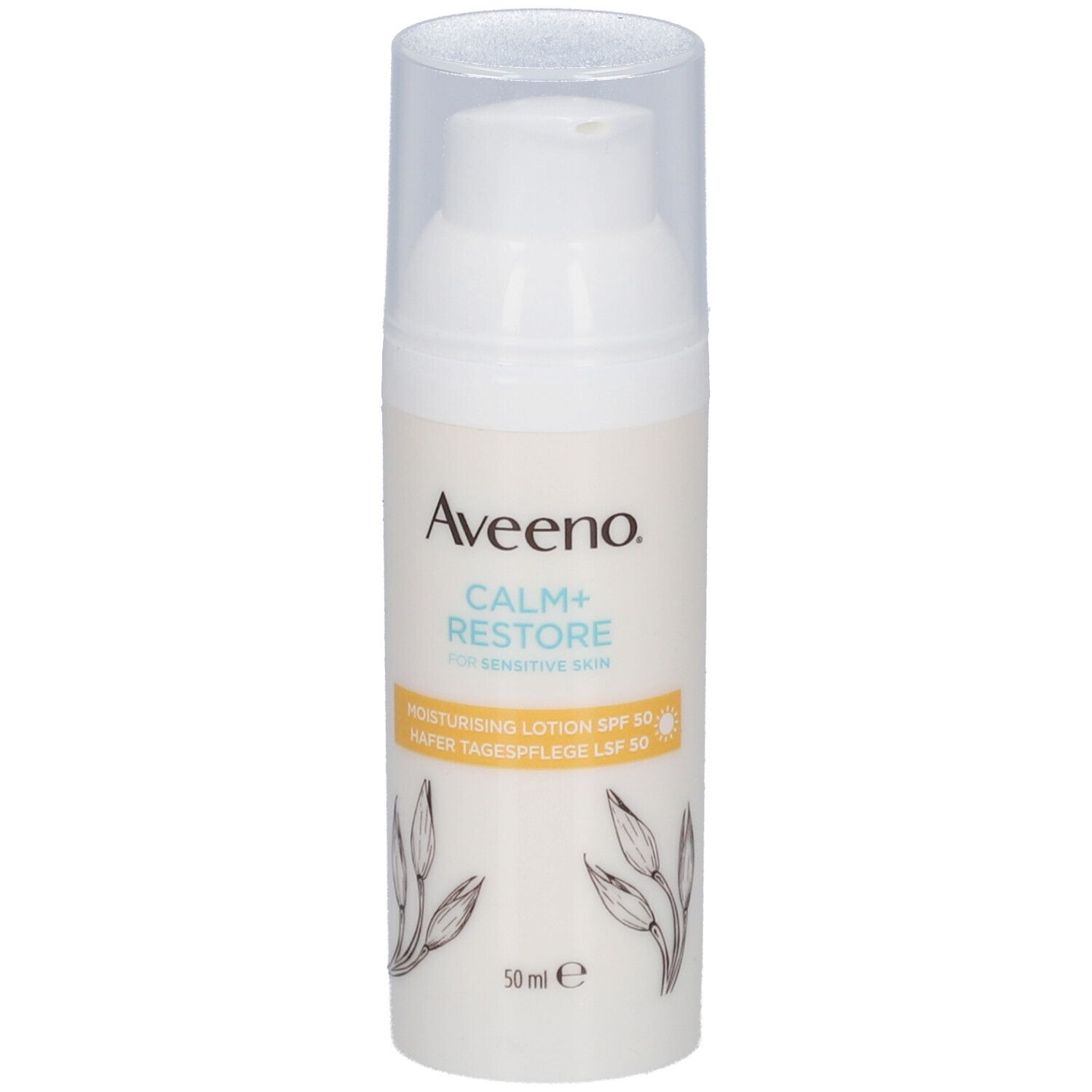 Aveeno Calm+Restore Lotion SPF 50. Weiße Flasche mit Pumpe. Produktname und Details auf dem Etikett.