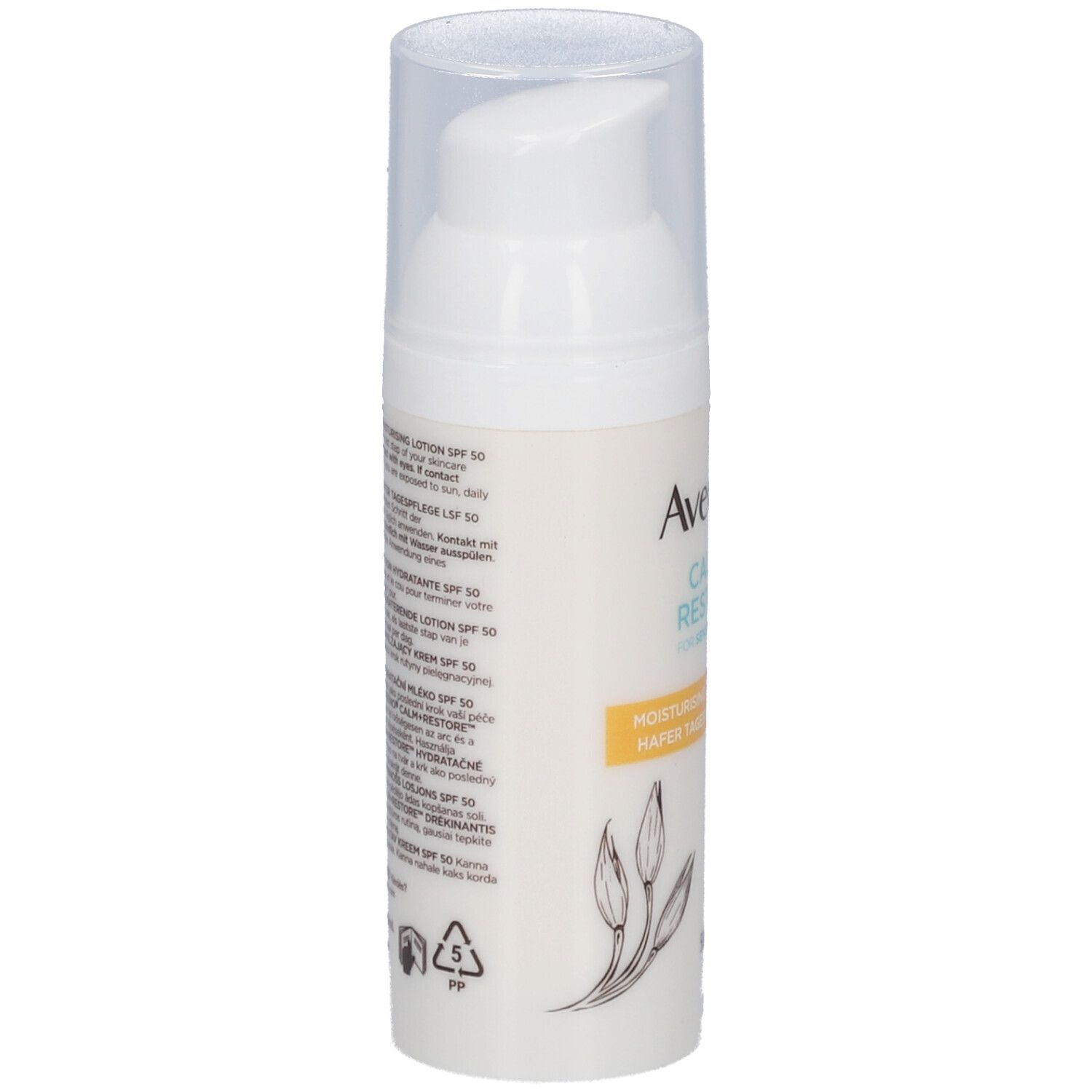 Aveeno Calm+Restore Lotion SPF 50. Weiße Flasche mit Pumpe. Text auf der Seite des Produkts.
