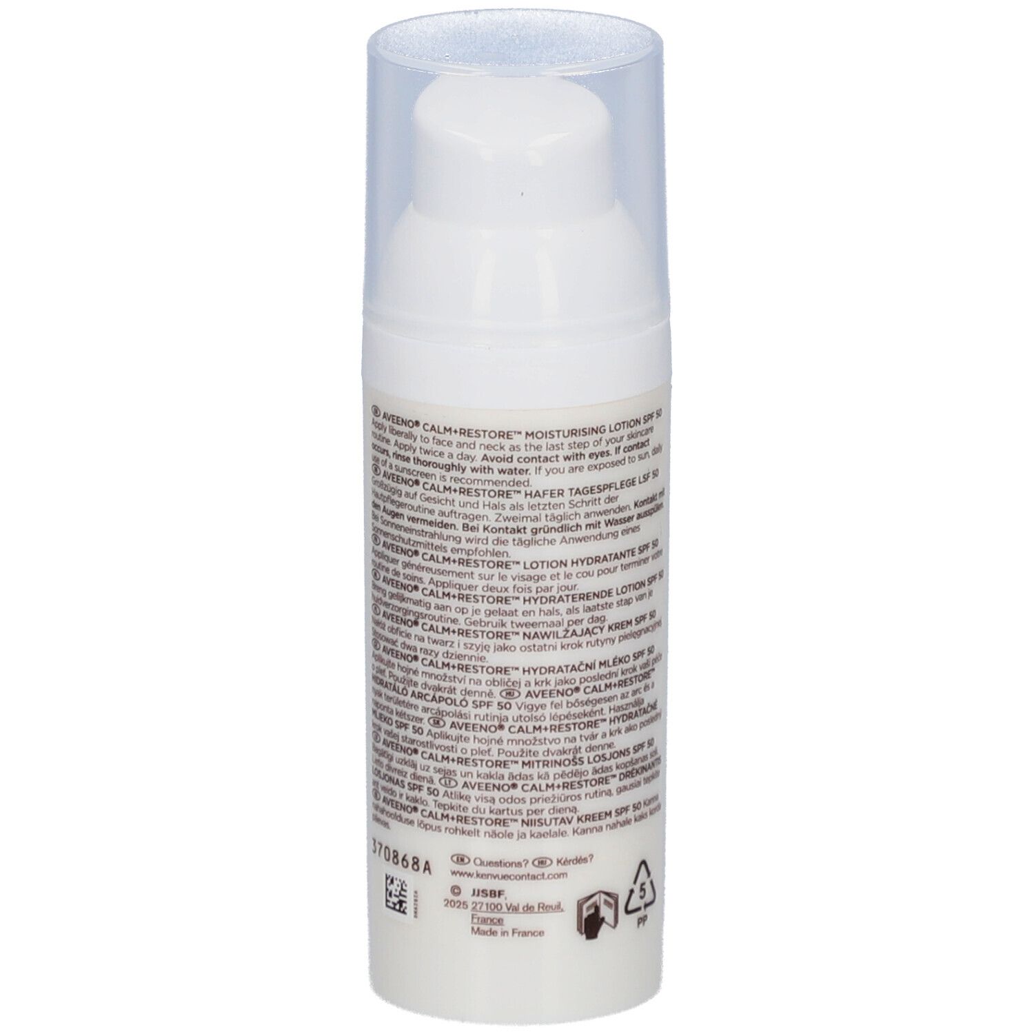 Aveeno Calm+Restore Lotion SPF 50. Weiße Flasche mit Pumpe. Text auf der Seite des Produkts.