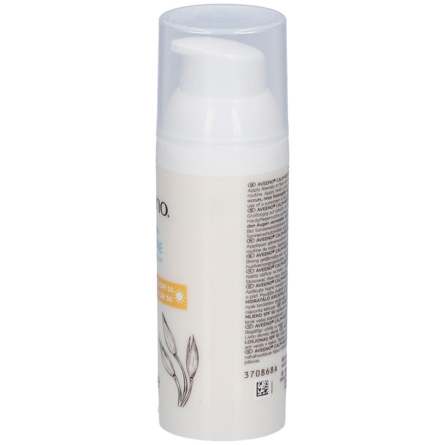 Aveeno Calm+Restore Lotion SPF 50. Weiße Flasche mit Pumpe. Text auf der Seite des Produkts.