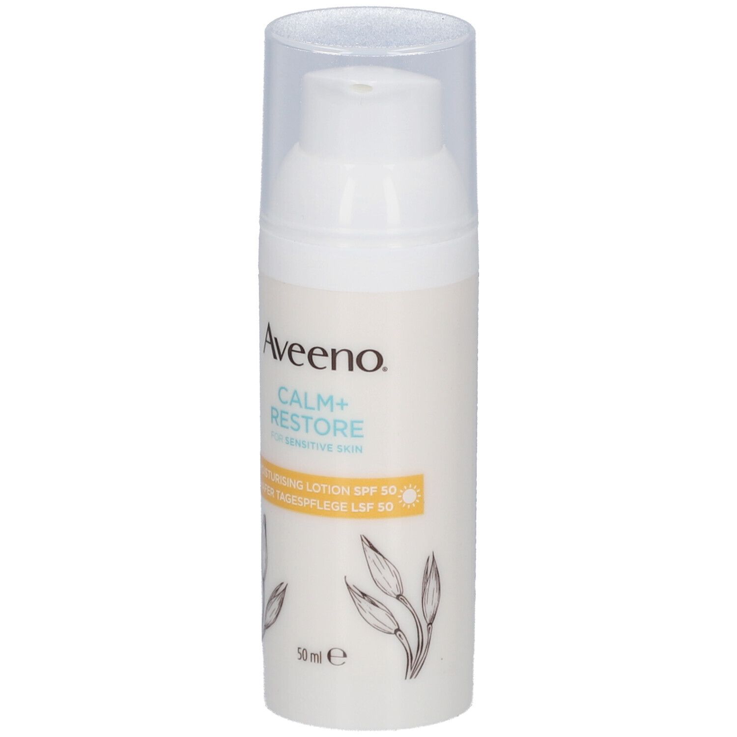 Aveeno Calm+Restore Lotion SPF 50. Weiße Flasche mit Pumpe. Produktname und Details auf dem Etikett.