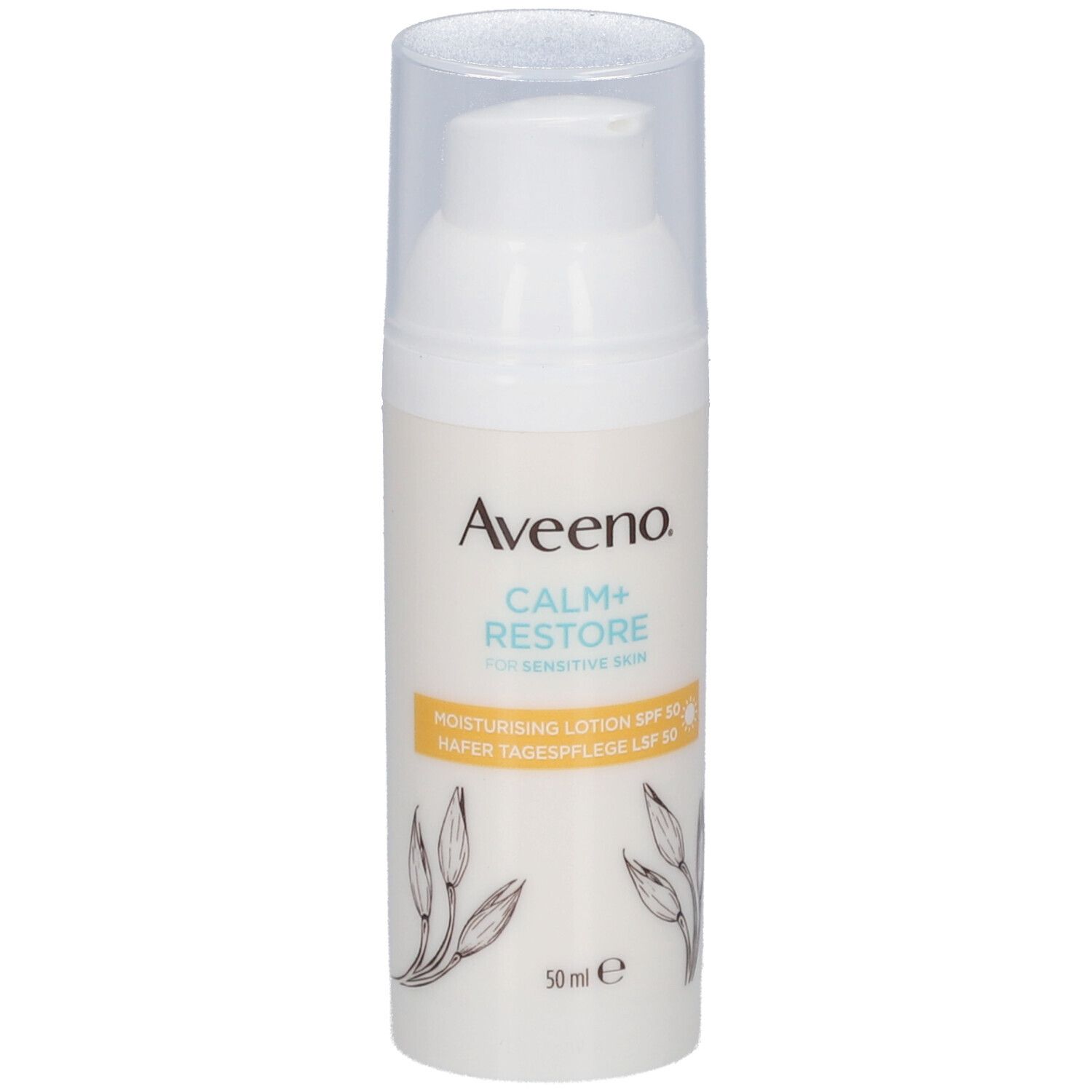 Aveeno Calm+Restore Lotion SPF 50. Weiße Flasche mit Pumpe. Produktname und Details auf dem Etikett.