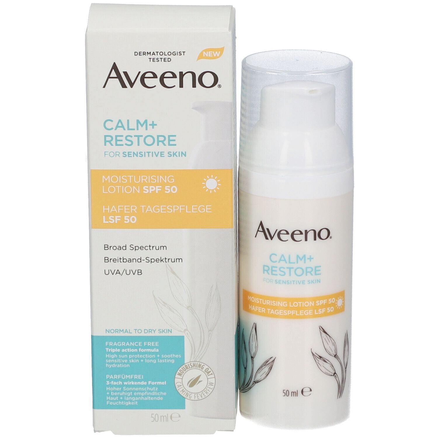 Aveeno Calm+Restore Lotion SPF 50 und Verpackung. Weiße Flasche und Karton. Produktname und Details.