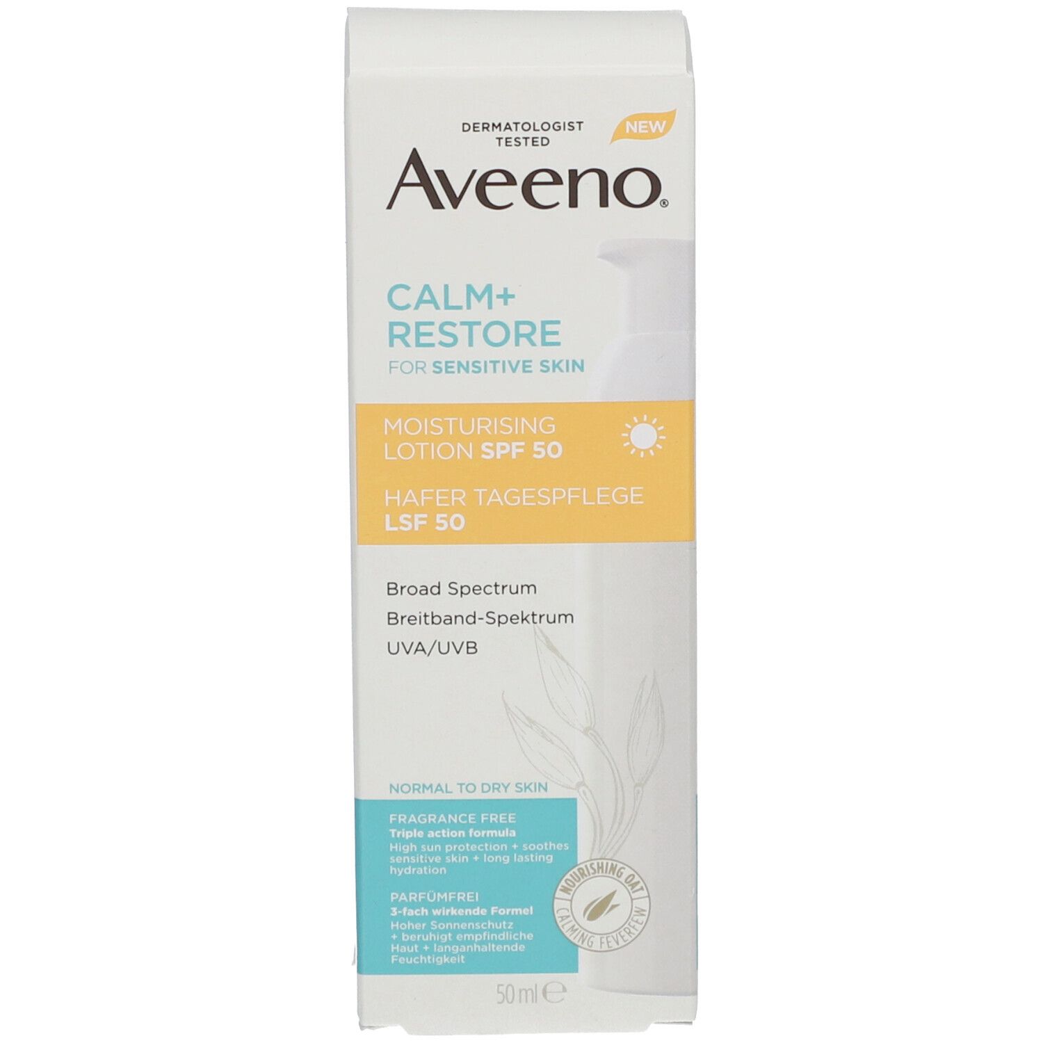 Aveeno Calm+Restore Lotion SPF 50. Verpackung. Weißer Karton mit Produktinformationen.