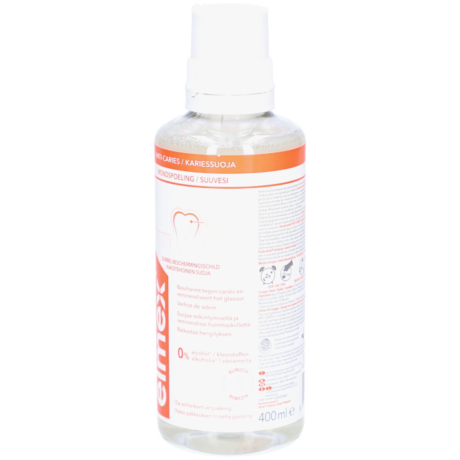 Mundspülung in einer transparenten Flasche mit weißem Verschluss. Orangefarbene Etiketten mit Produktinformationen.