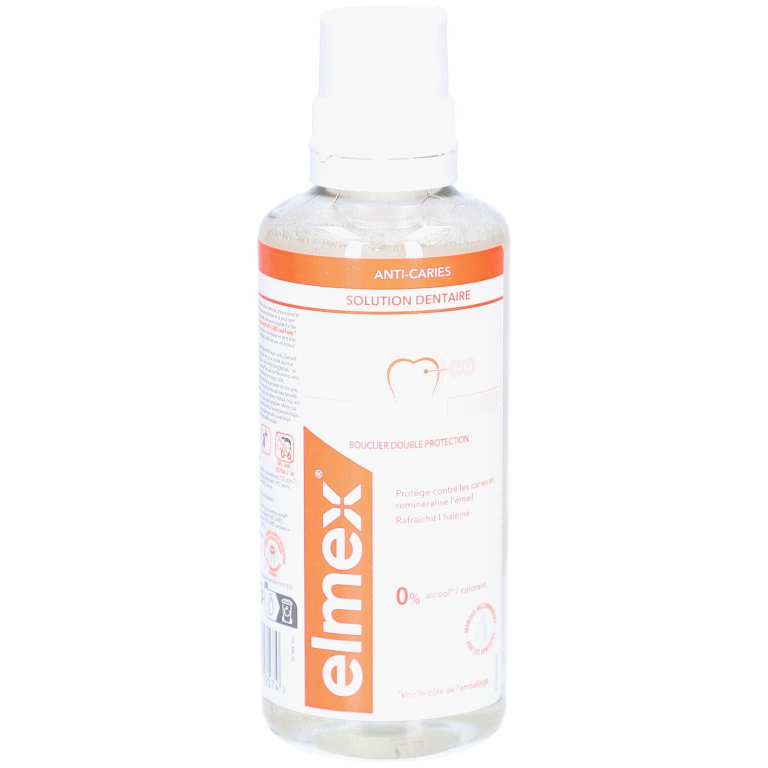 Mundspülung in transparenter Flasche mit weißem Verschluss. Orangefarbenes Etikett mit Produktinformationen.