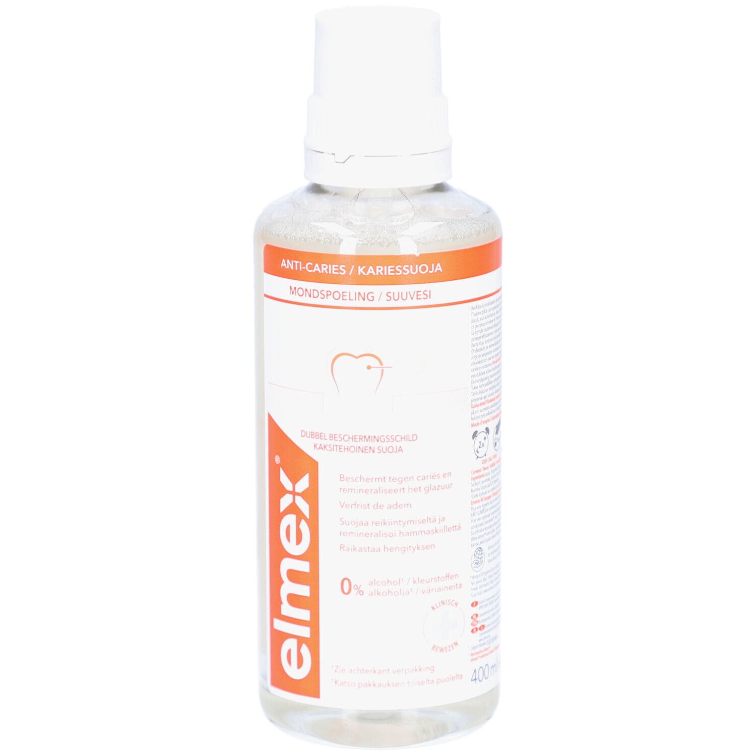 Mundspülung in transparenter Flasche mit weißem Verschluss. Orangefarbenes Etikett mit Produktinformationen.