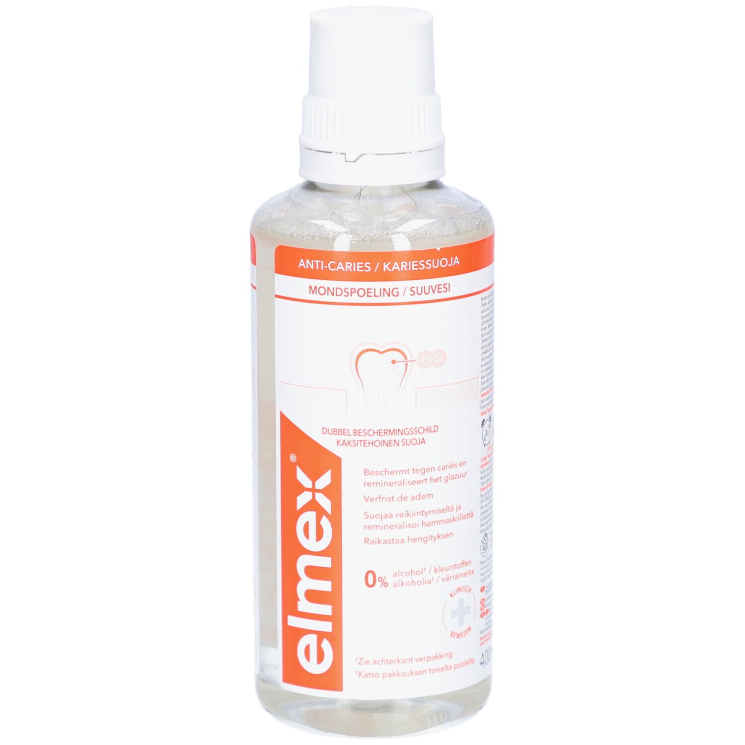 Mundspülung in transparenter Flasche mit weißem Verschluss. Orangefarbenes Etikett mit Produktinformationen.