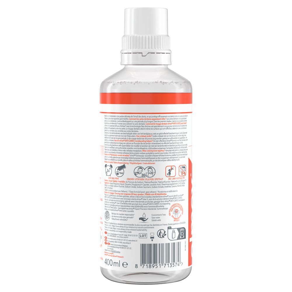 Dos d'une bouteille de bain de bouche. Texte multilingue, bouchon blanc, étiquette orange.