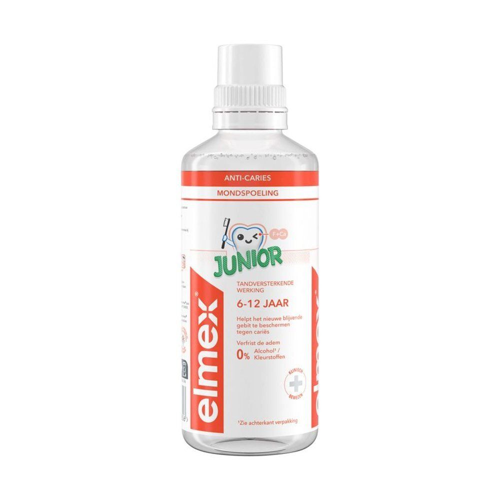 Bain de bouche Elmex Junior, flacon transparent à bouchon blanc. Bande rouge avec texte. Pour enfants de 6-12 ans.