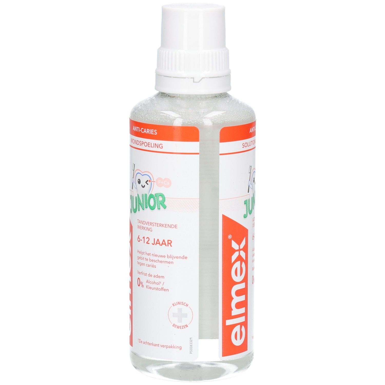 Elmex Junior Zahnspülung, transparente Flasche mit weißem Deckel. Roter Streifen mit Text. Für Kinder von 6-12 Jahren.