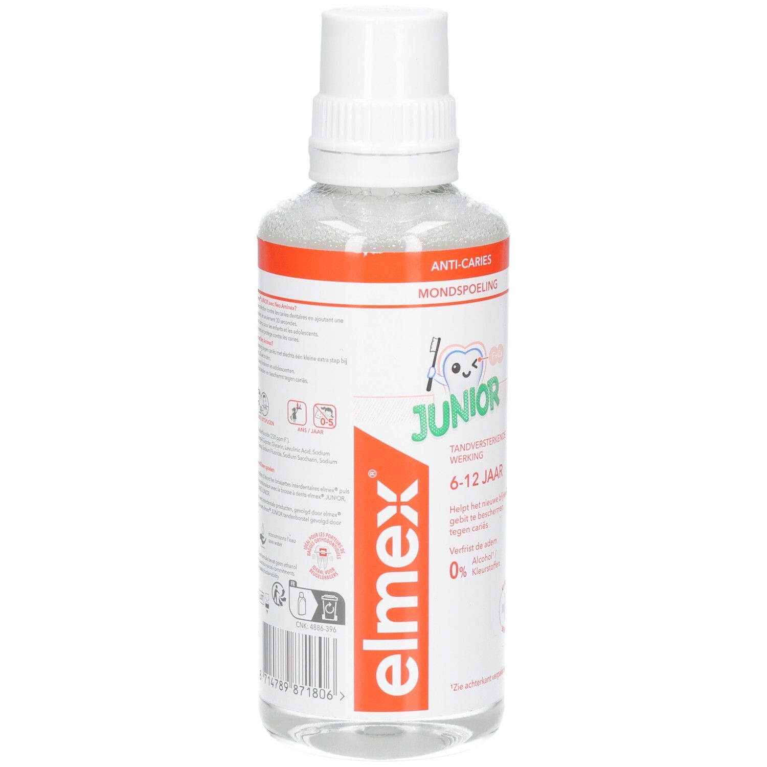 Elmex Junior Monosspülung, transparente Flasche mit weißem Deckel. Roter Streifen mit Text. Für Kinder von 6-12 Jahren.
