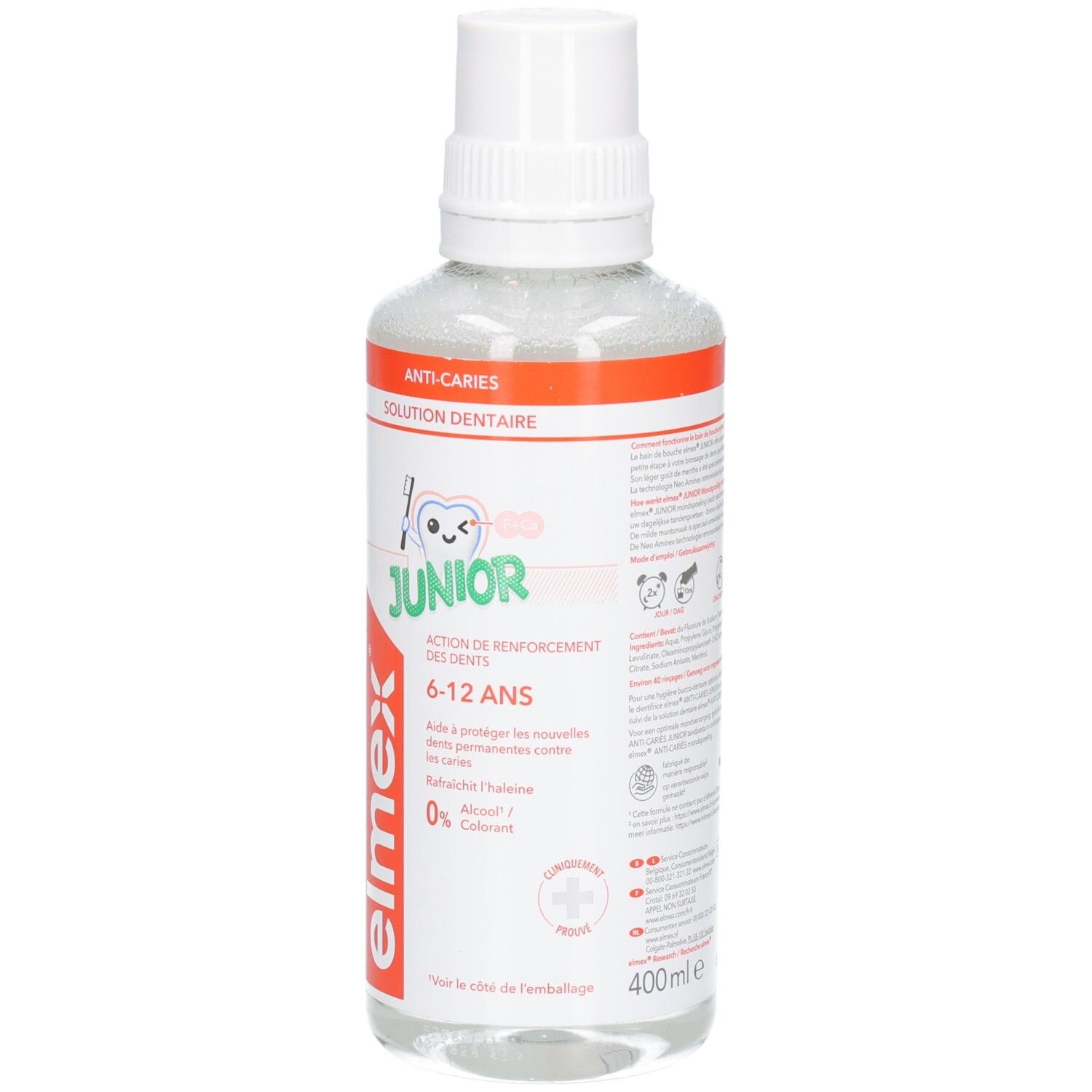 Elmex Junior Zahnspülung, transparente Flasche mit weißem Deckel. Roter Streifen mit Text. Für Kinder von 6-12 Jahren. 400ml.