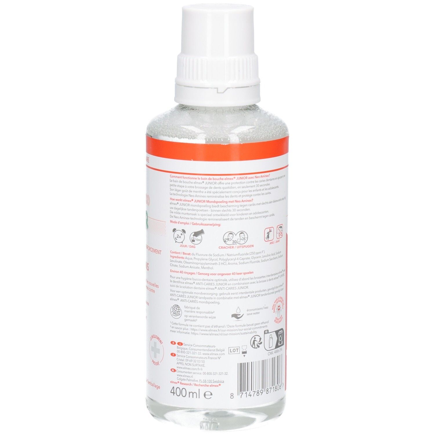 Rückseite der Elmex Junior Zahnspülung. Transparente Flasche mit weißem Deckel. Text und Symbole auf weißem Hintergrund.