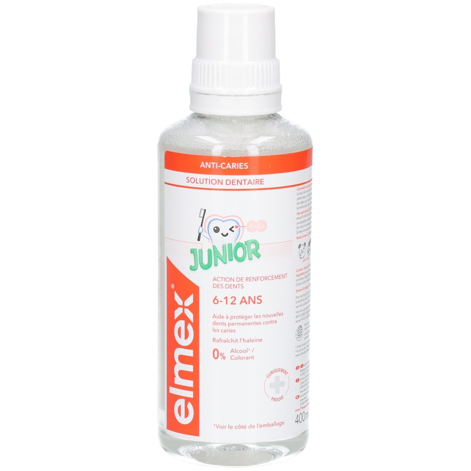 Elmex Junior Zahnspülung, transparente Flasche mit weißem Deckel. Roter Streifen mit Text. Für Kinder von 6-12 Jahren. 400ml.