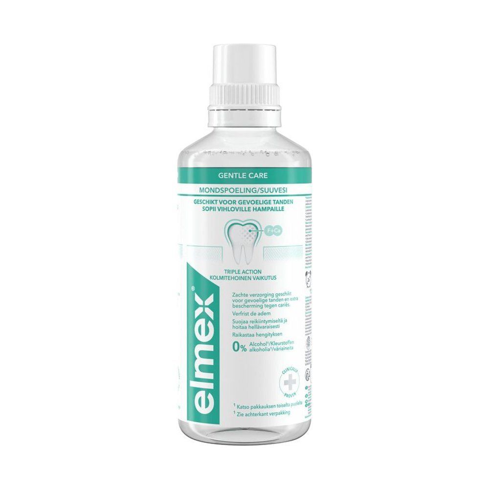 Bain de bouche Elmex, liquide transparent en flacon blanc. Inscription: Gentle Care. Pour dents sensibles.