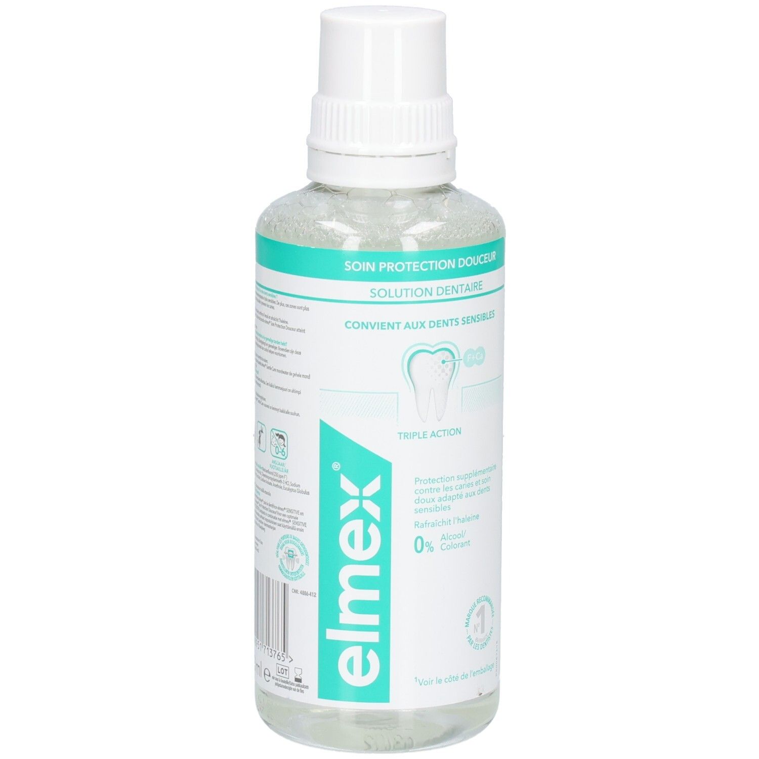 Mundspülung Elmex, transparente Flüssigkeit in einer Flasche mit weißem Deckel. Aufschrift: Soin Protection Douceur.