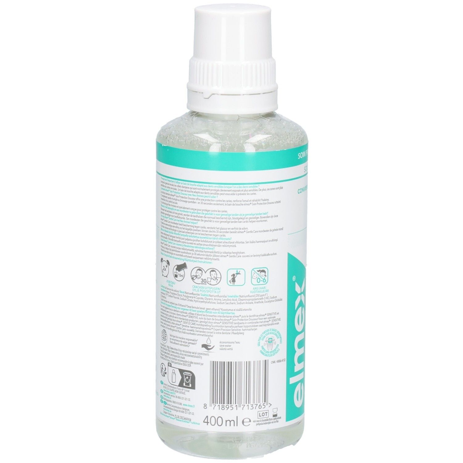Rückseite der Elmex Mundspülungsflasche. Enthält Informationen und Symbole. Volumen: 400 ml.