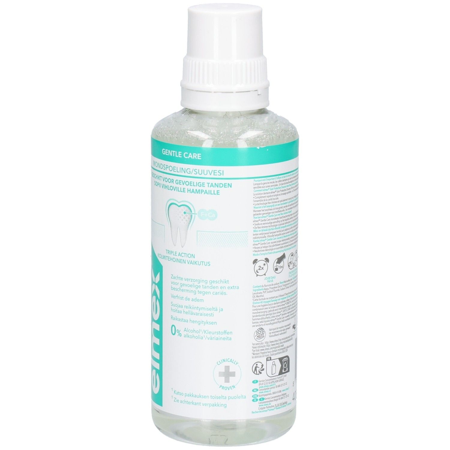 Elmex Mundspülung, transparente Flüssigkeit in einer Flasche mit weißem Deckel. Aufschrift: Gentle Care. Für empfindliche Zähne.
