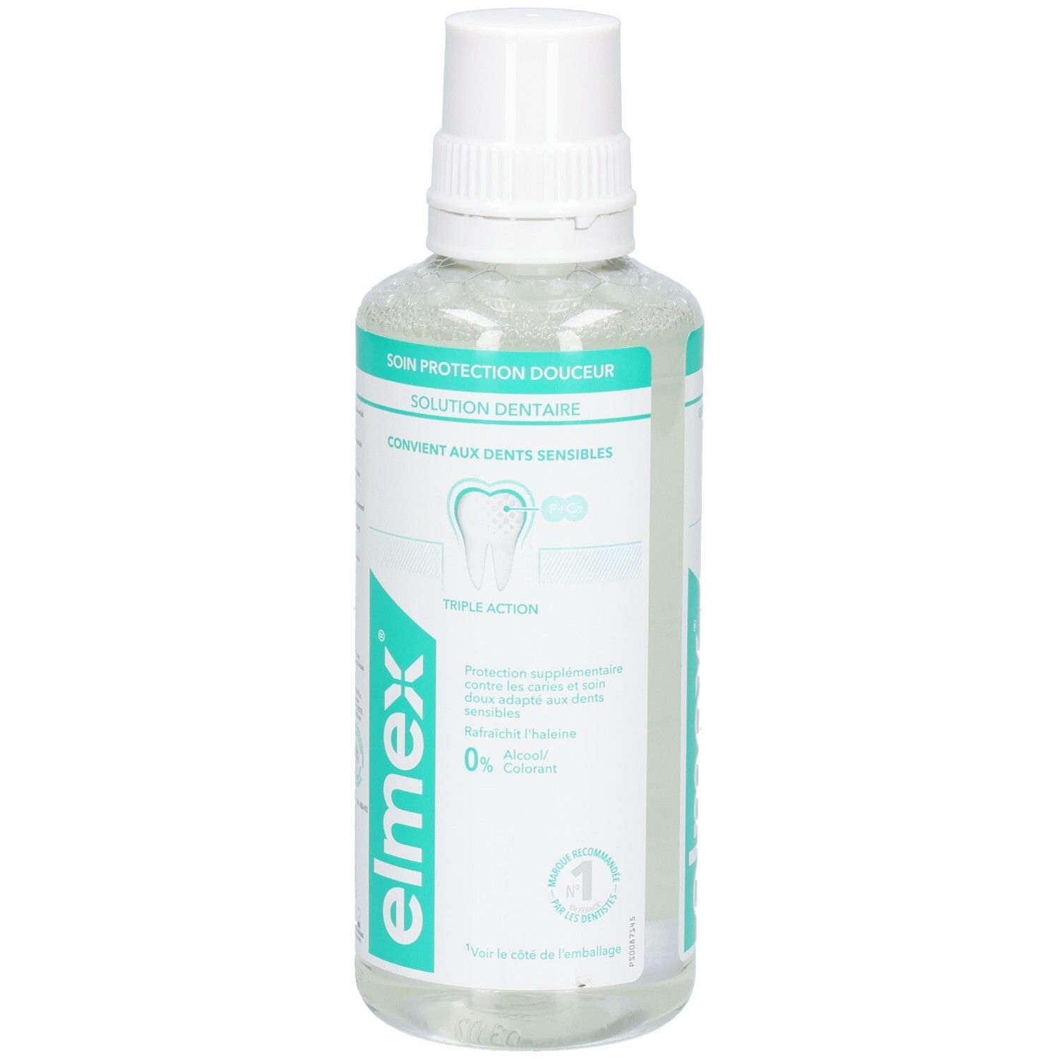 Elmex Mundspülung, transparente Flüssigkeit in einer Flasche mit weißem Deckel. Aufschrift: Soin Protection Douceur. Für empfindliche Zähne.
