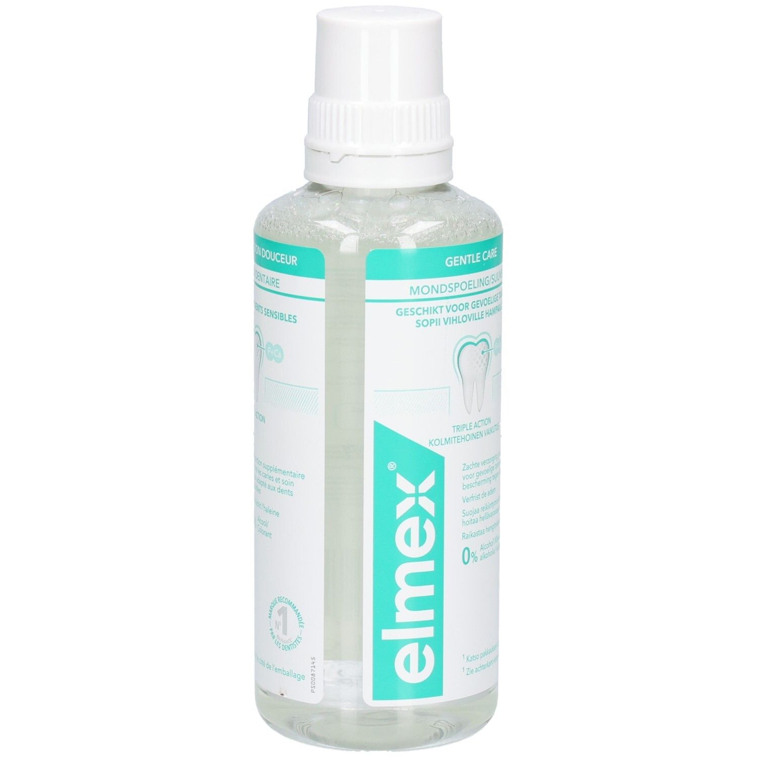 Elmex Mundspülung, transparente Flüssigkeit in einer Flasche mit weißem Deckel. Aufschrift: Gentle Care. Für empfindliche Zähne.