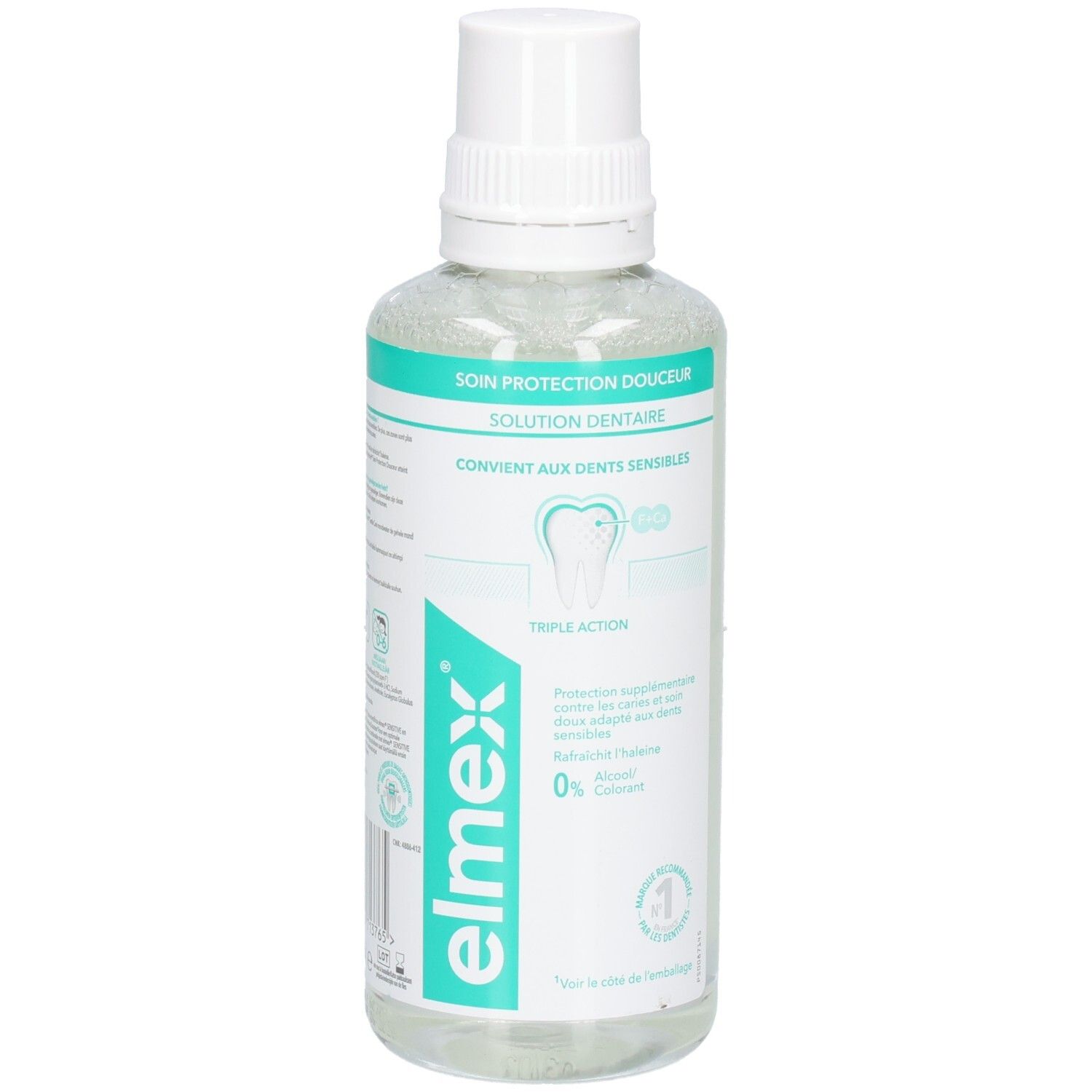 Elmex Mundspülung, transparente Flüssigkeit in einer Flasche mit weißem Deckel. Aufschrift: Soin Protection Douceur. Für empfindliche Zähne.