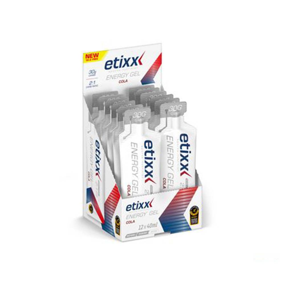 Présentoir Etixx Energy Gel Cola. Contient des gels individuels. Logo et nom du produit visibles. 12 x 40ml.