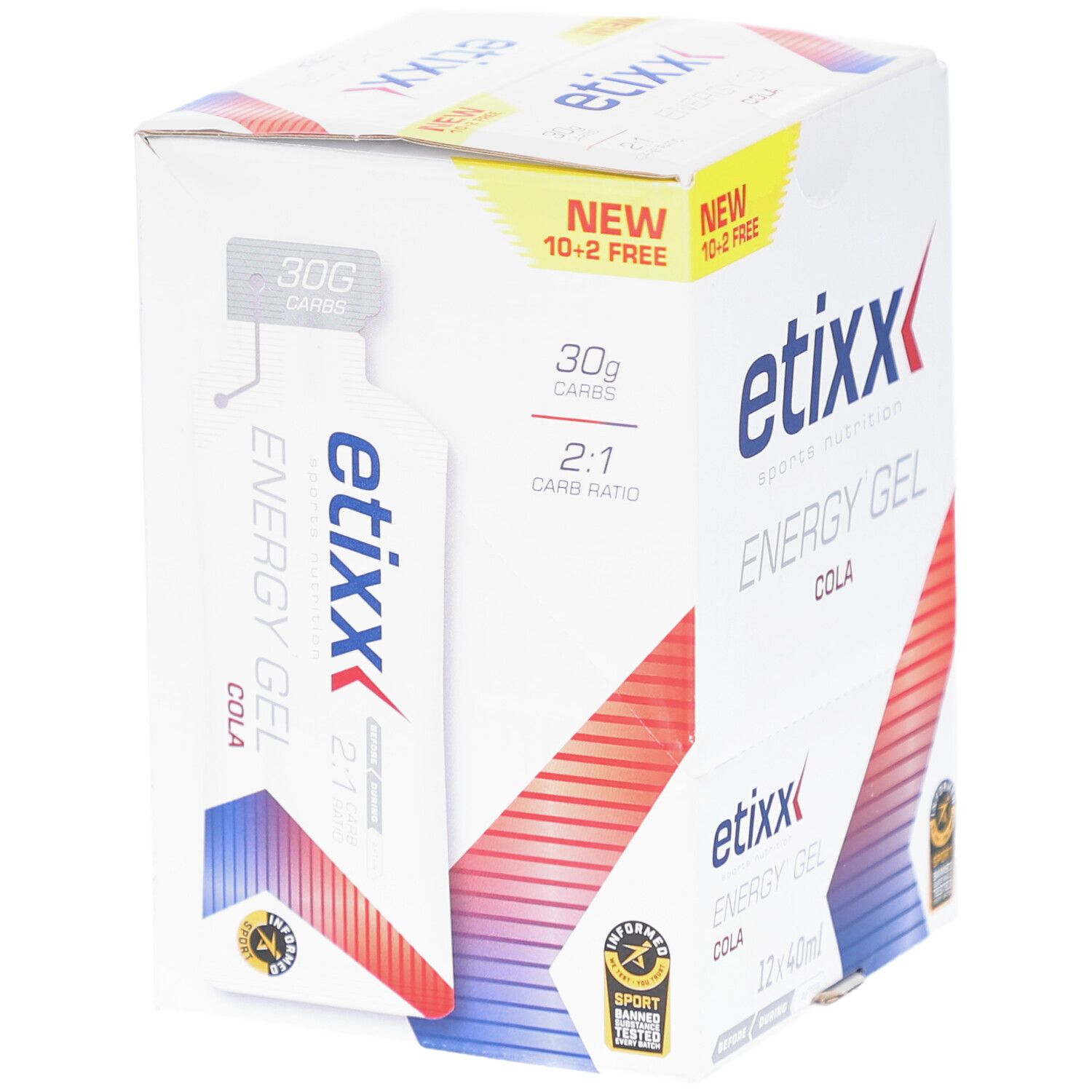 Etixx Energy Gel Cola Box. Enthält 12 x 40ml Gels. Aufschrift: 10+2 gratis. Logo und Produktname deutlich sichtbar.