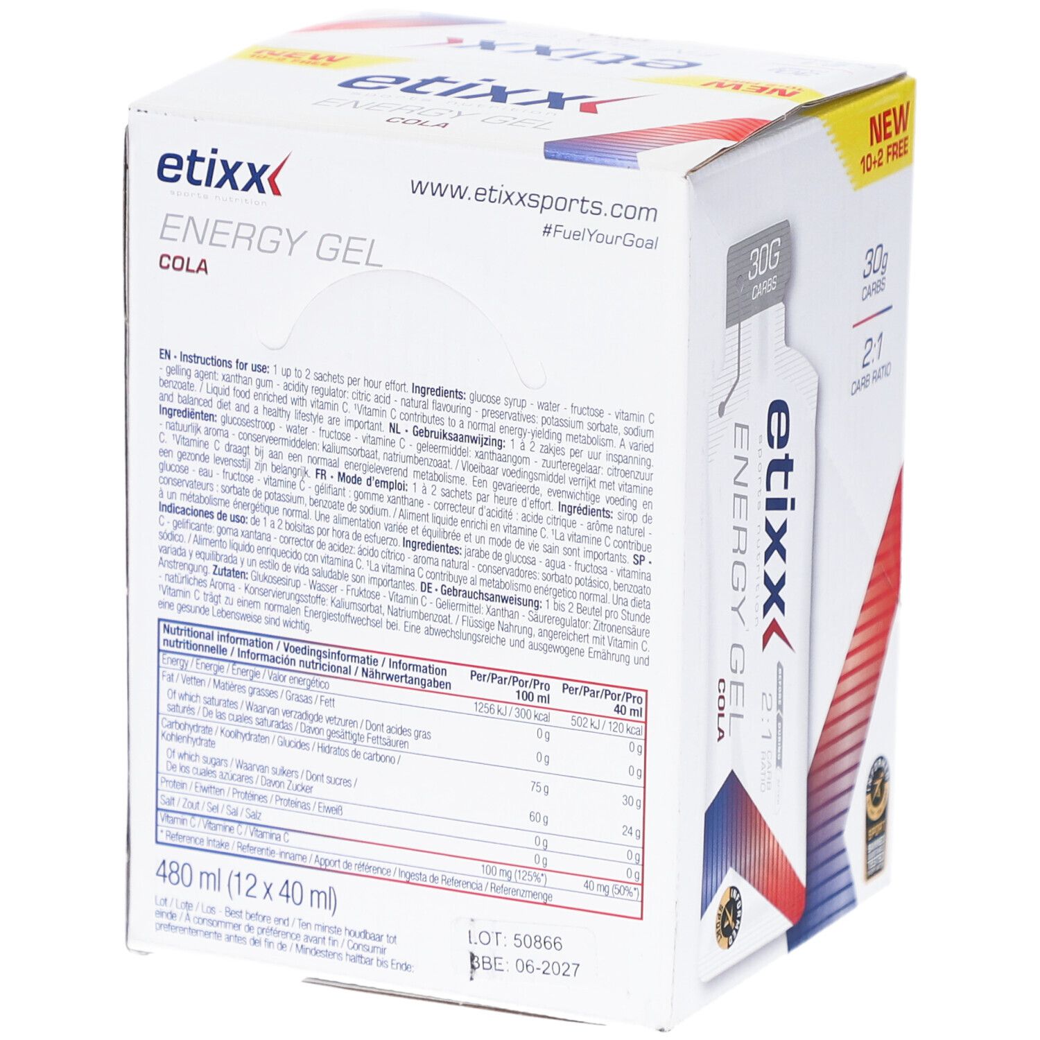Etixx Energy Gel Cola Box. Rückseite mit Nährwertangaben und Gebrauchsanweisung. 12 x 40ml Gels. Logo und Produktname.