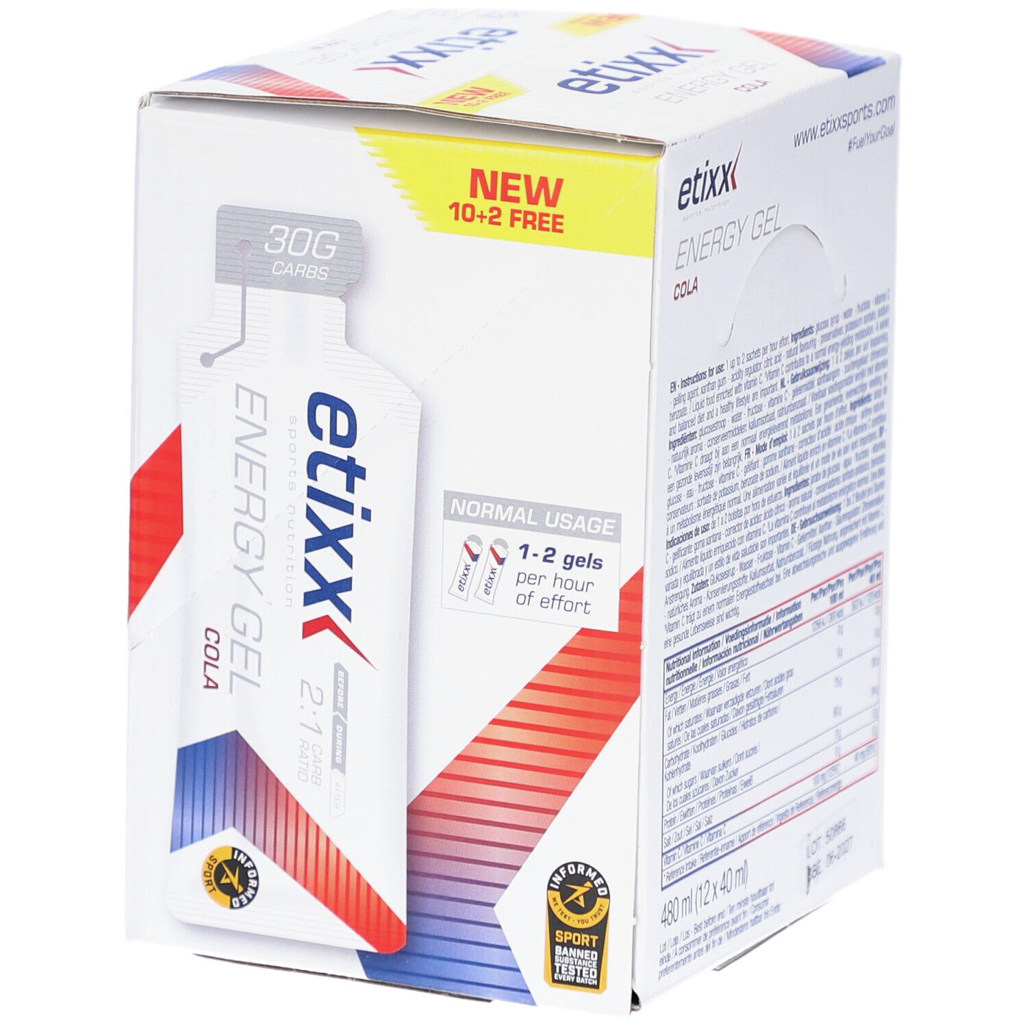 Etixx Energy Gel Cola Box. Enthält 12 x 40ml Gels. Aufschrift: 10+2 gratis. Logo und Produktname deutlich sichtbar.
