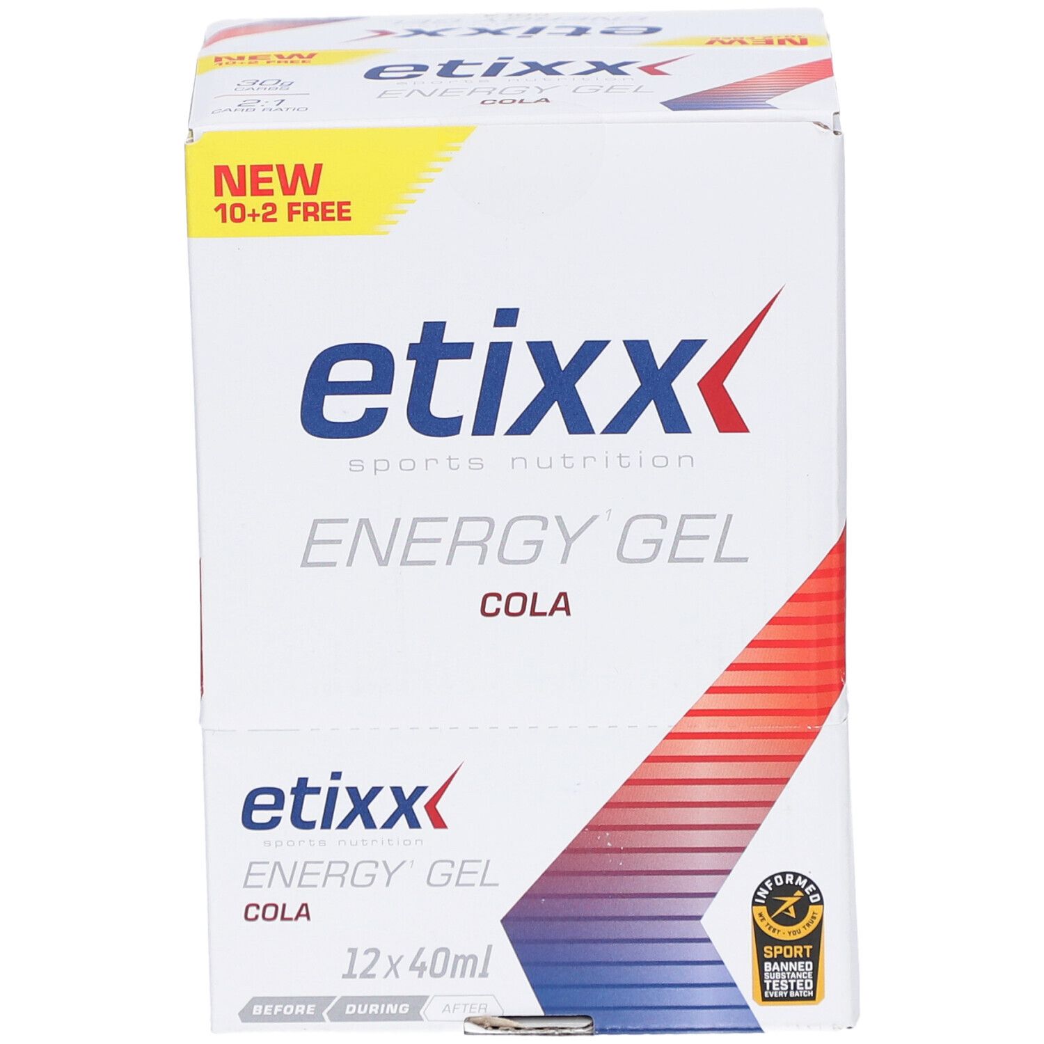 Etixx Energy Gel Cola Box. Enthält 12 x 40ml Gels. Aufschrift: 10+2 gratis. Logo und Produktname deutlich sichtbar.