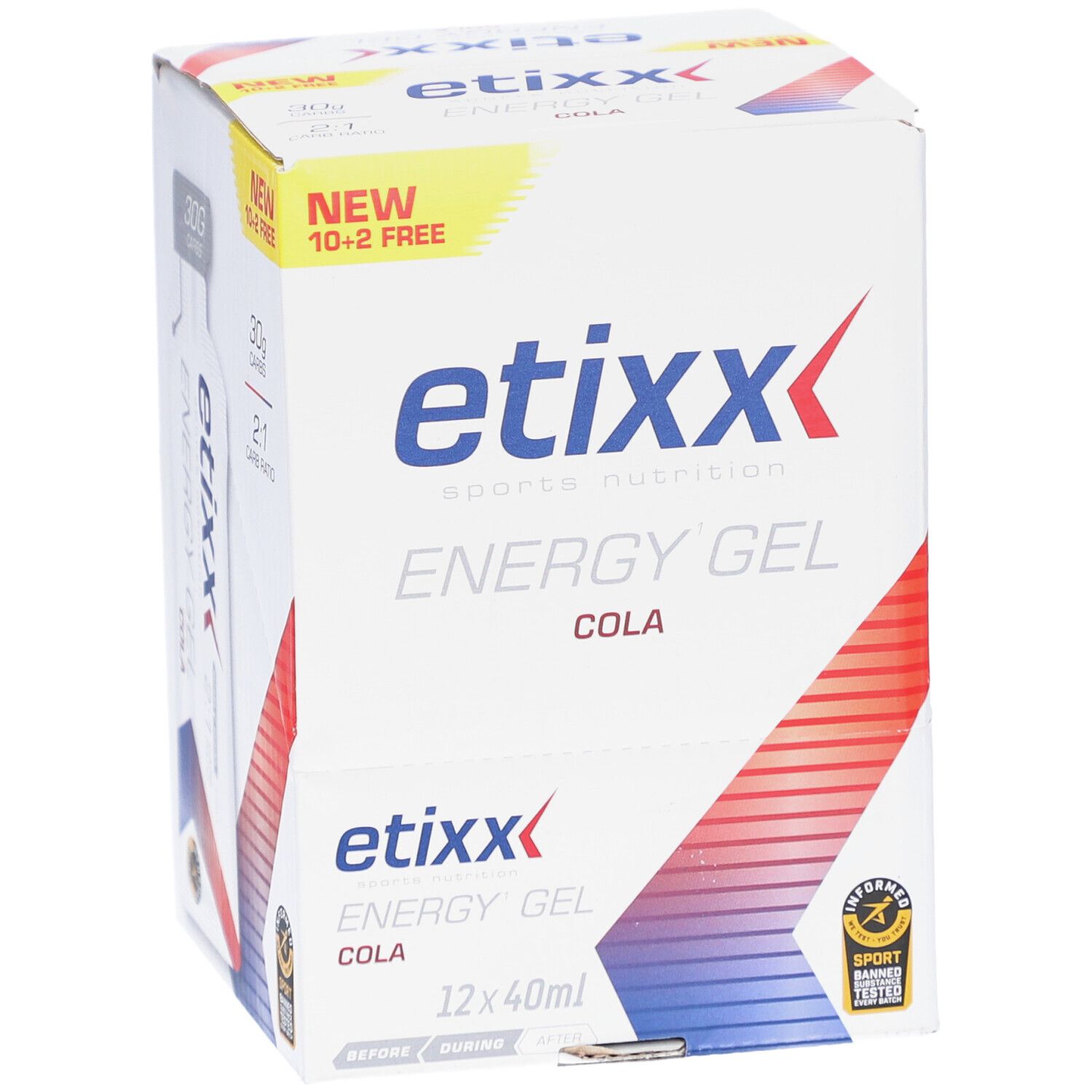 Etixx Energy Gel Cola Box. Enthält 12 x 40ml Gels. Aufschrift: 10+2 gratis. Logo und Produktname deutlich sichtbar.