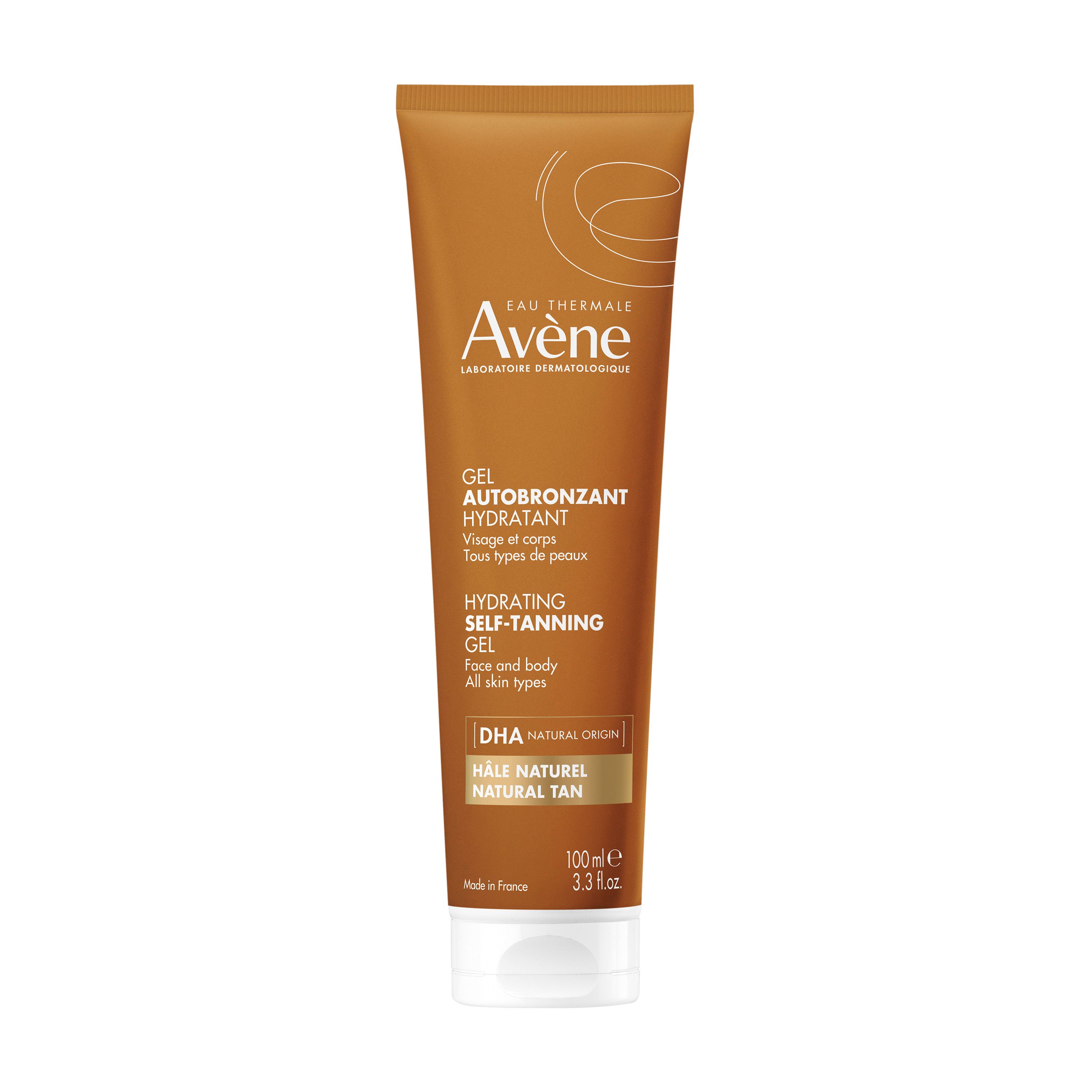 Tube marron avec bouchon blanc. Inscription: Avène, Gel Autobronzant Hydratant. Visage & corps, tous types de peaux. DHA Natural Origin.