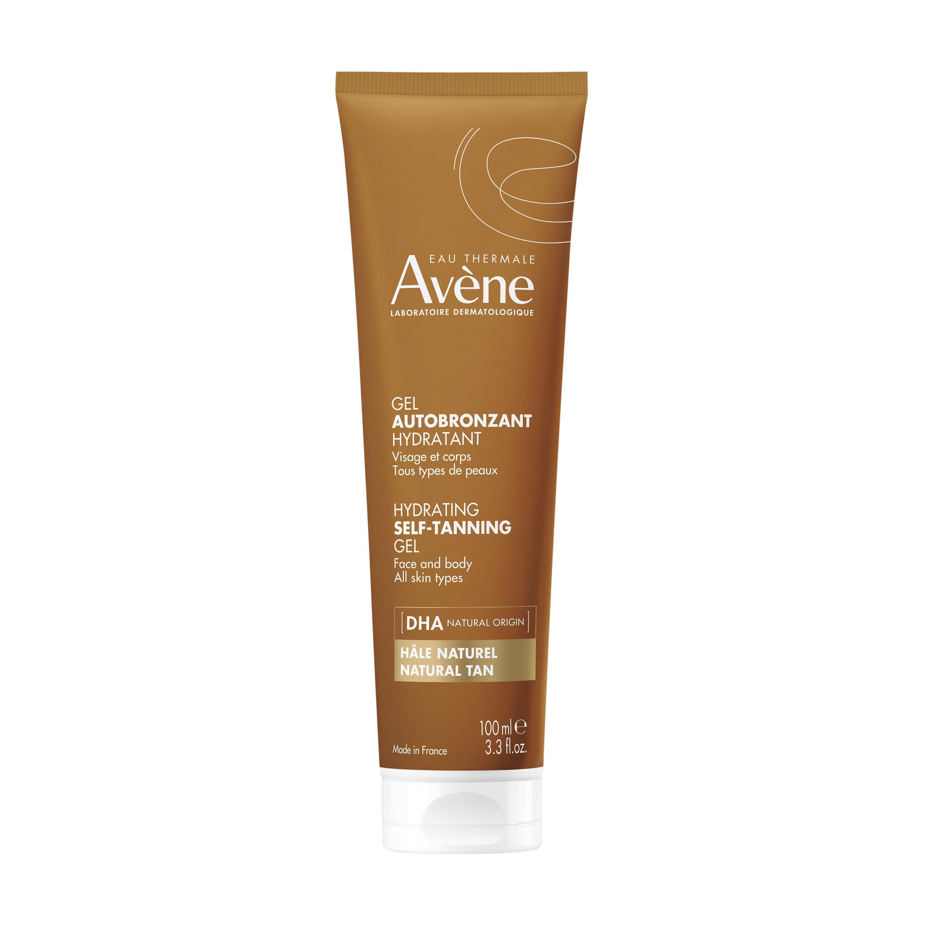 Tube marron avec bouchon blanc. Inscription: Avène, Gel Autobronzant Hydratant. Visage & corps, tous types de peaux. DHA Natural Origin.