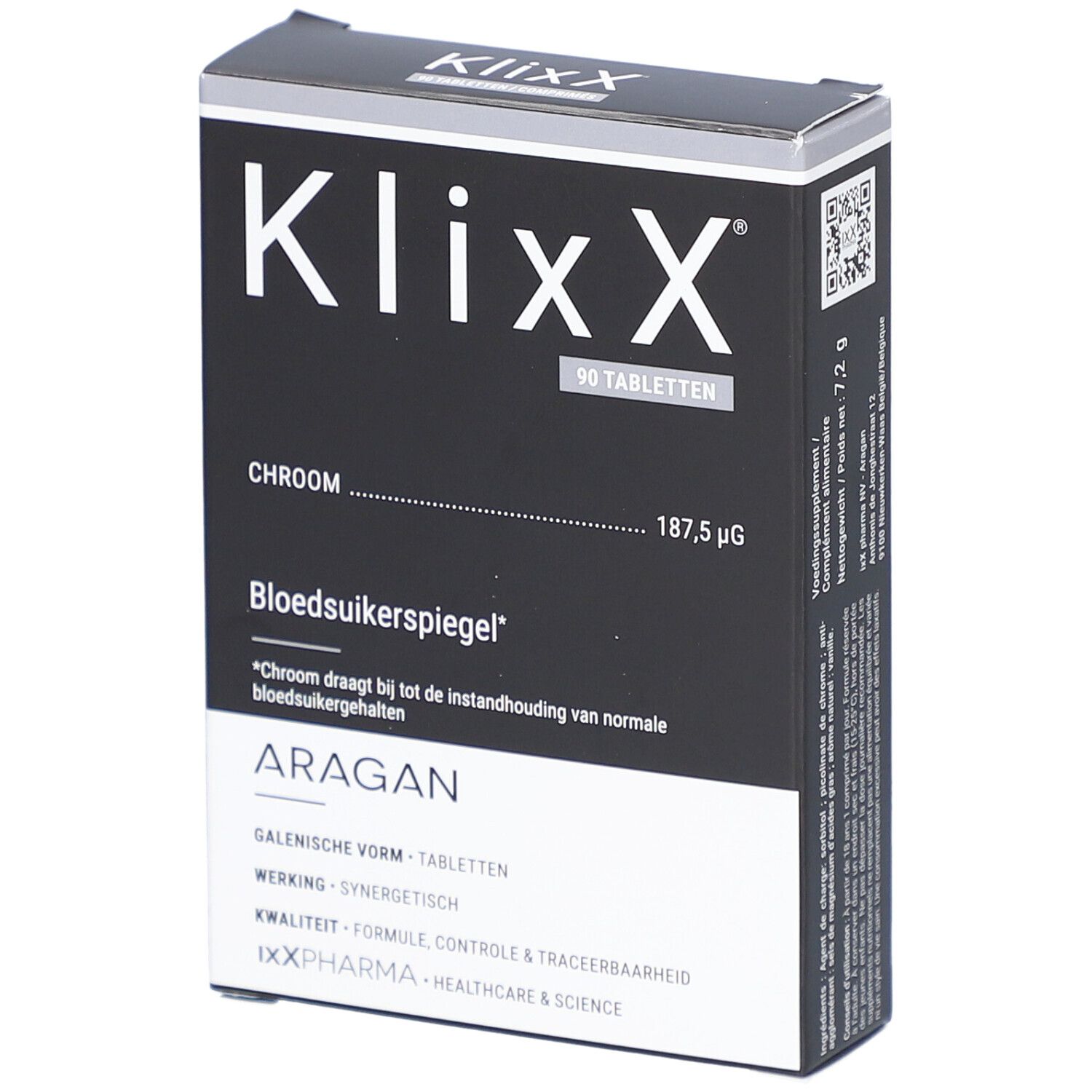 Schwarze rechteckige Verpackung mit weißer Schrift. Enthält 90 Tabletten. Aufschrift: Klixx, Chrom, Blutzuckerspiegel, Aragan.